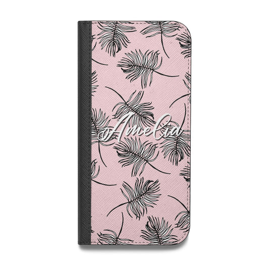 Personalised Pink Monochrome Tropical Leaf Vegan Leather Flip iPhone Case