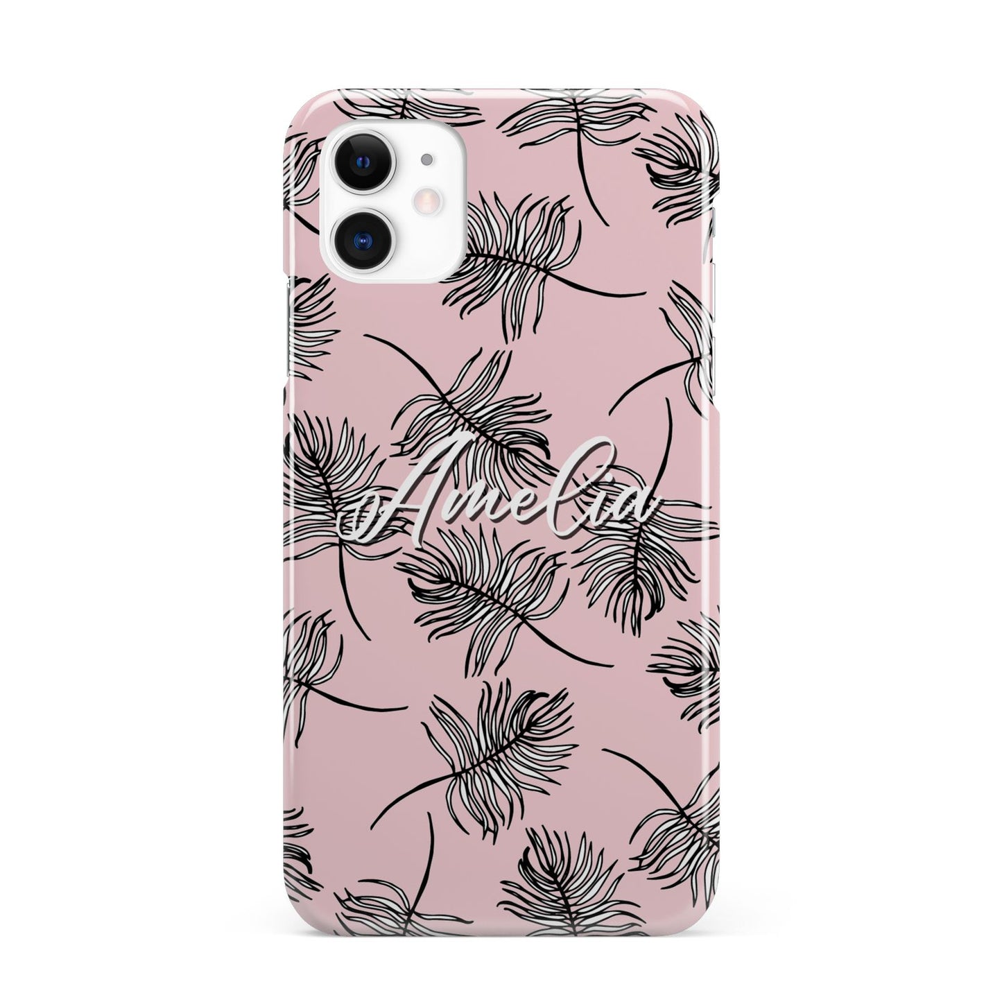 Personalised Pink Monochrome Tropical Leaf iPhone 11 3D Snap Case