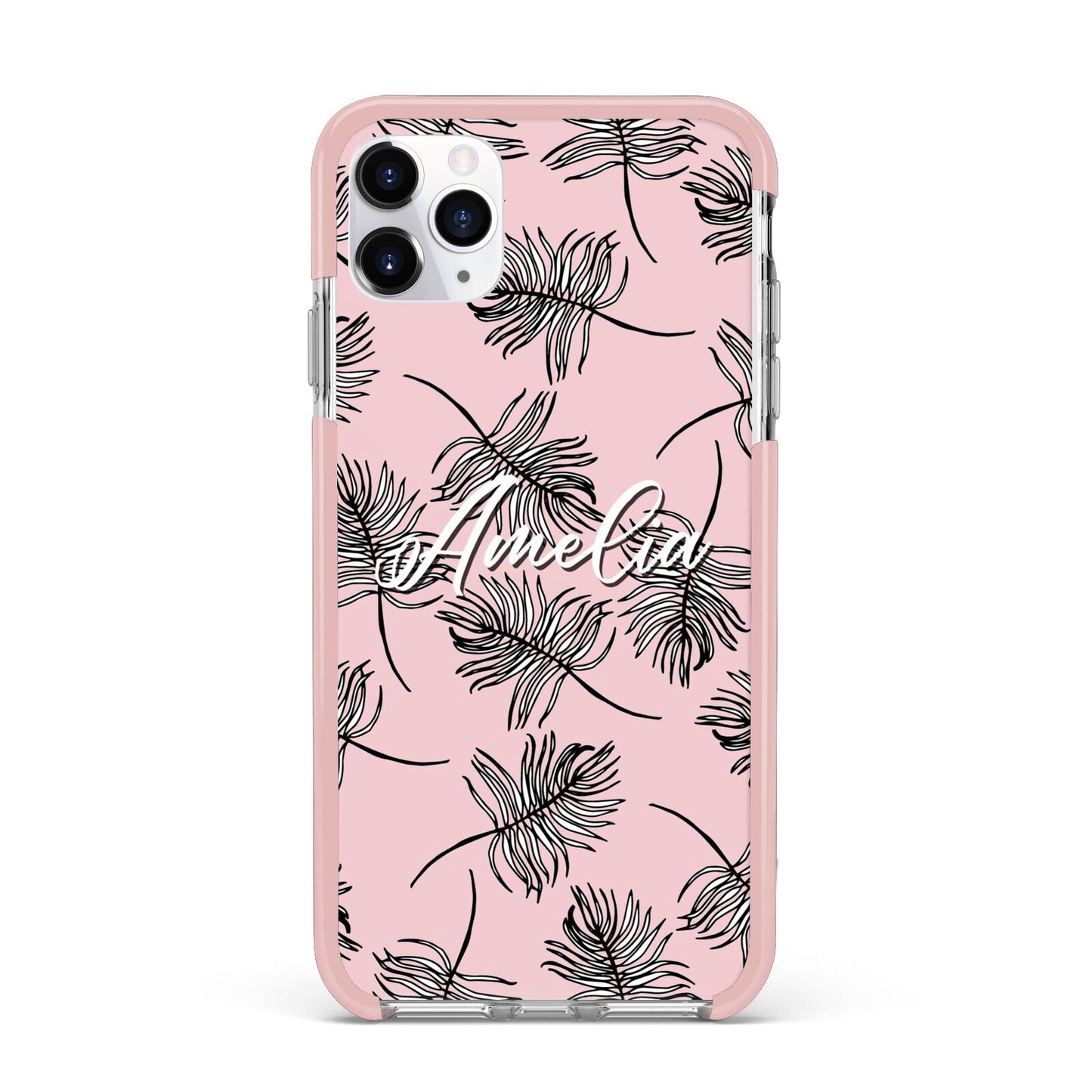 Personalised Pink Monochrome Tropical Leaf iPhone 11 Pro Max Impact Pink Edge Case