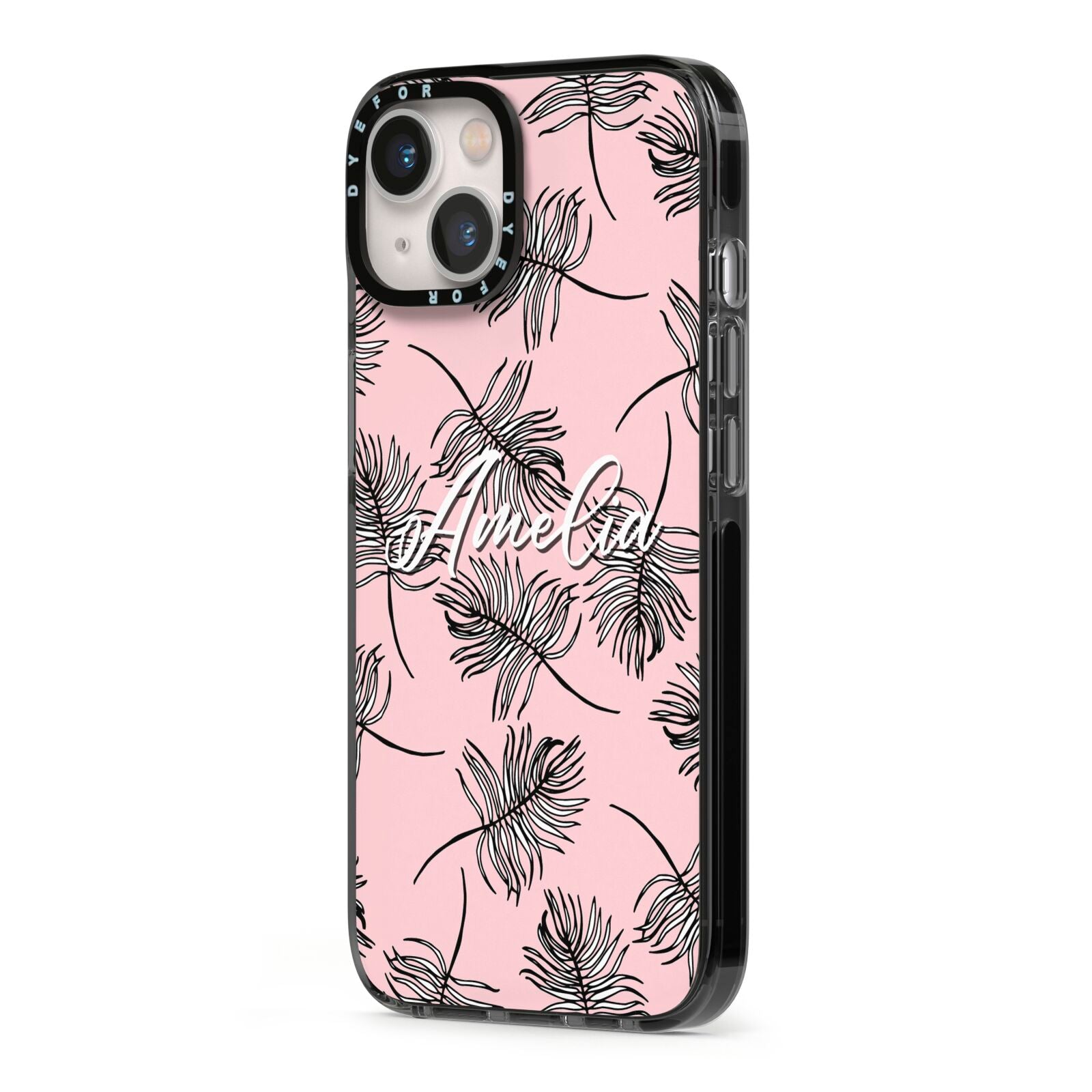 Personalised Pink Monochrome Tropical Leaf iPhone 13 Black Impact Case Side Angle on Silver phone