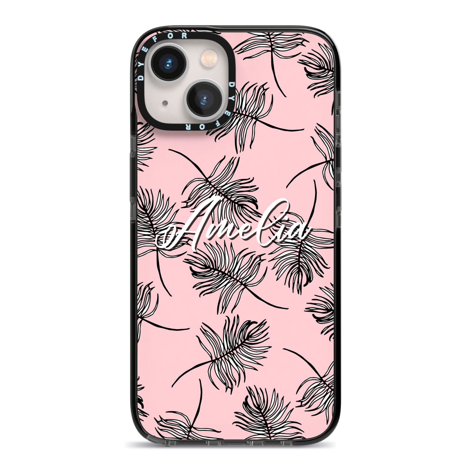 Personalised Pink Monochrome Tropical Leaf iPhone 13 Black Impact Case on Silver phone