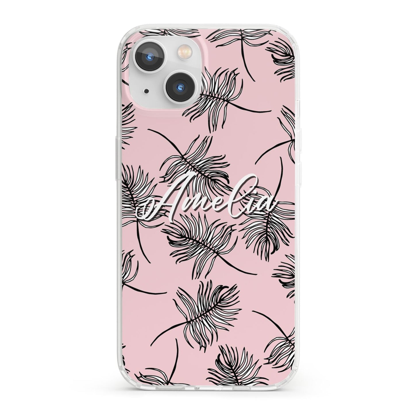 Personalised Pink Monochrome Tropical Leaf iPhone 13 Clear Bumper Case