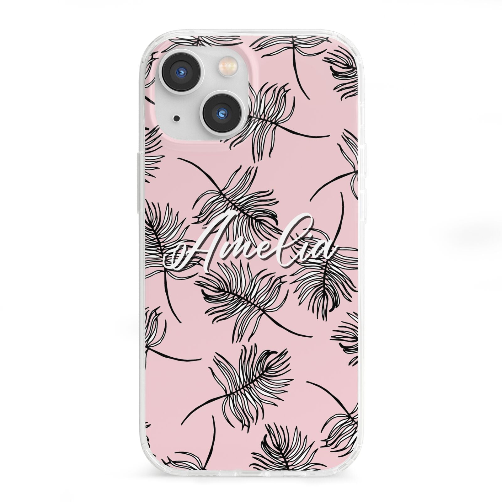 Personalised Pink Monochrome Tropical Leaf iPhone 13 Mini Clear Bumper Case