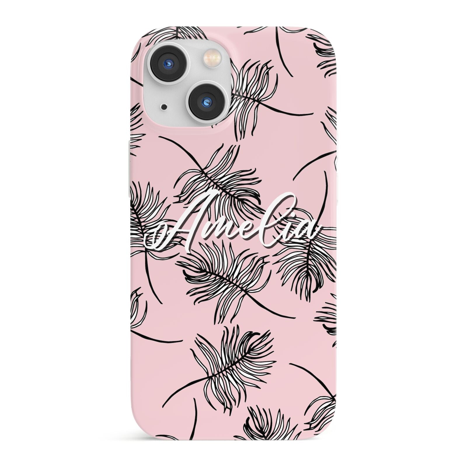 Personalised Pink Monochrome Tropical Leaf iPhone 13 Mini Full Wrap 3D Snap Case