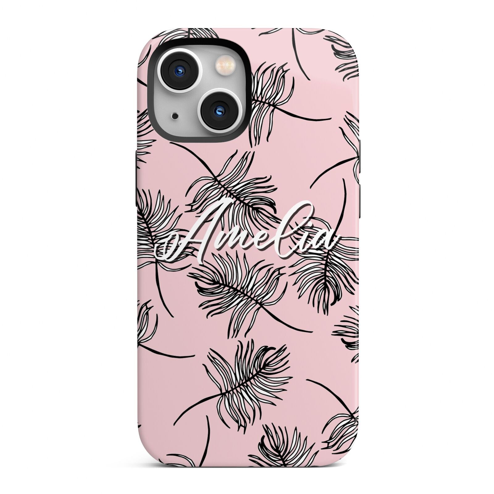 Personalised Pink Monochrome Tropical Leaf iPhone 13 Mini Full Wrap 3D Tough Case