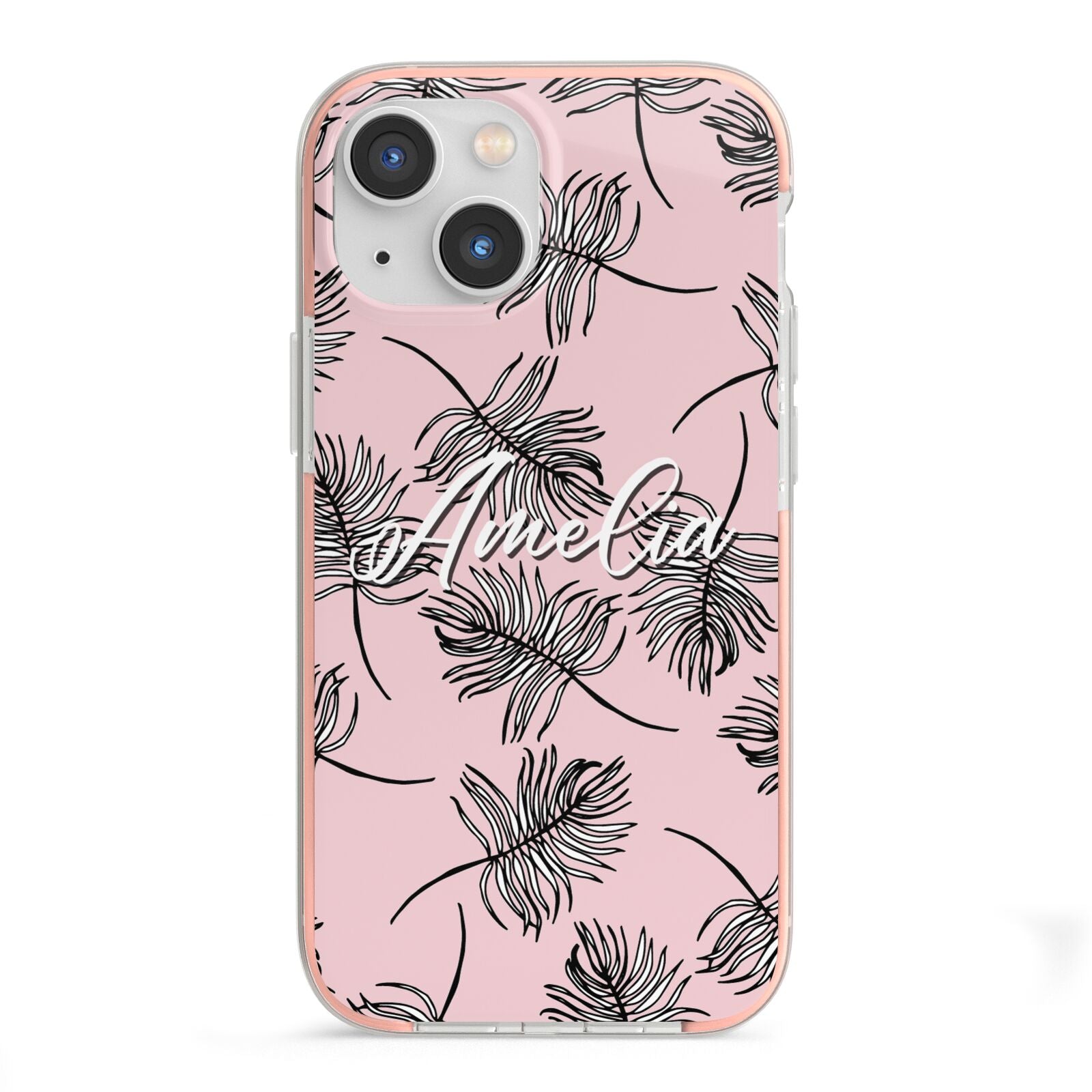 Personalised Pink Monochrome Tropical Leaf iPhone 13 Mini TPU Impact Case with Pink Edges