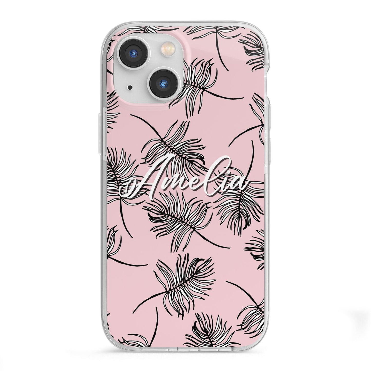 Personalised Pink Monochrome Tropical Leaf iPhone 13 Mini TPU Impact Case with White Edges