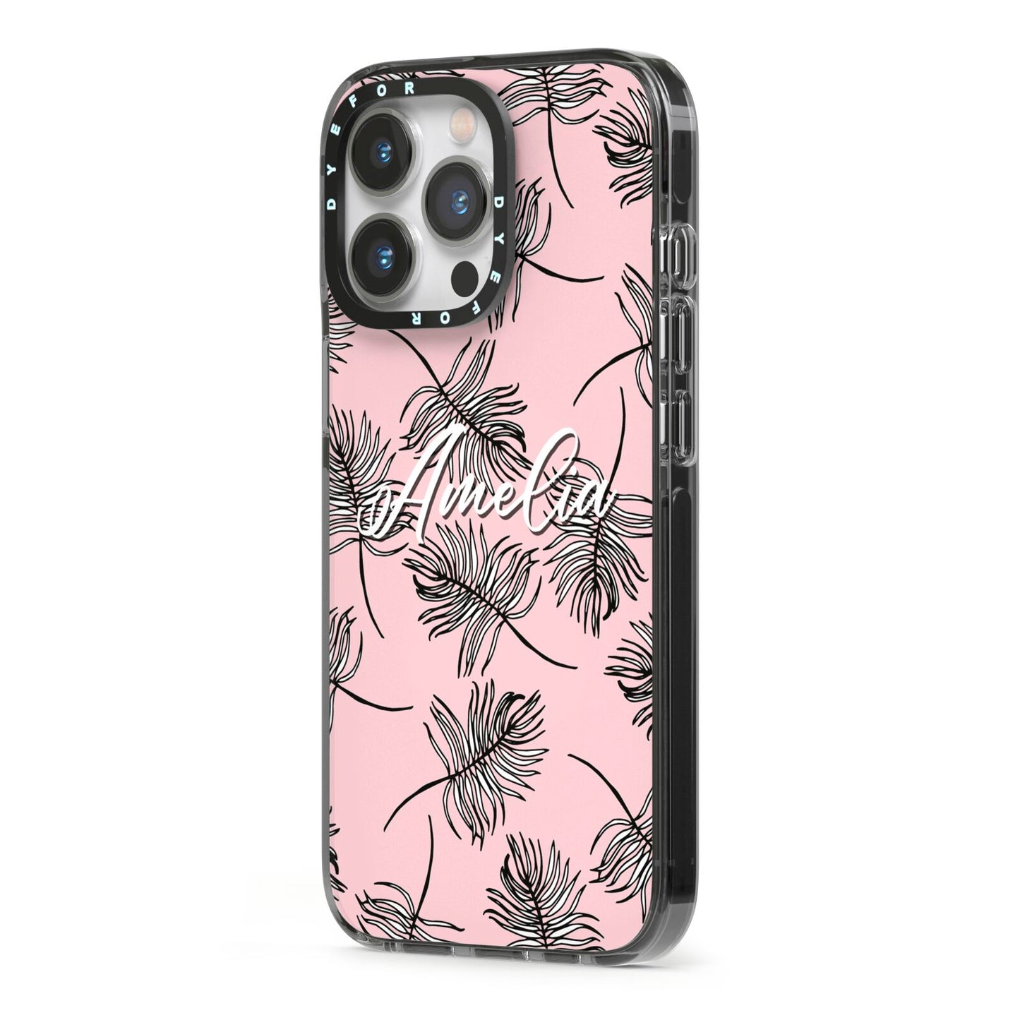 Personalised Pink Monochrome Tropical Leaf iPhone 13 Pro Black Impact Case Side Angle on Silver phone