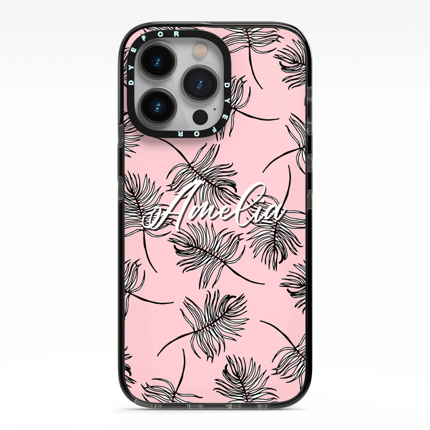 Personalised Pink Monochrome Tropical Leaf iPhone 13 Pro Black Impact Case on Silver phone