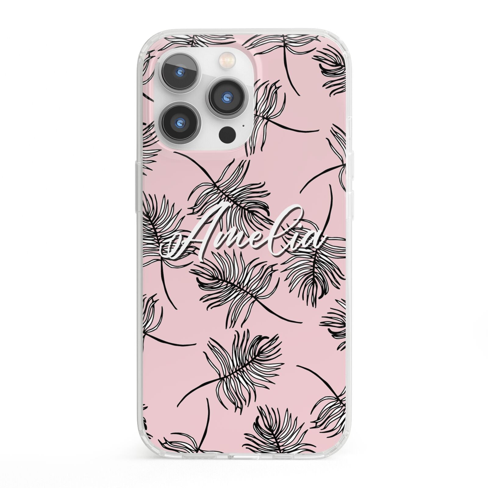 Personalised Pink Monochrome Tropical Leaf iPhone 13 Pro Clear Bumper Case