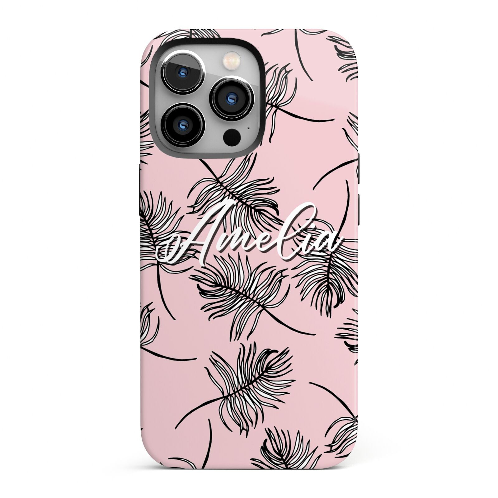 Personalised Pink Monochrome Tropical Leaf iPhone 13 Pro Full Wrap 3D Tough Case