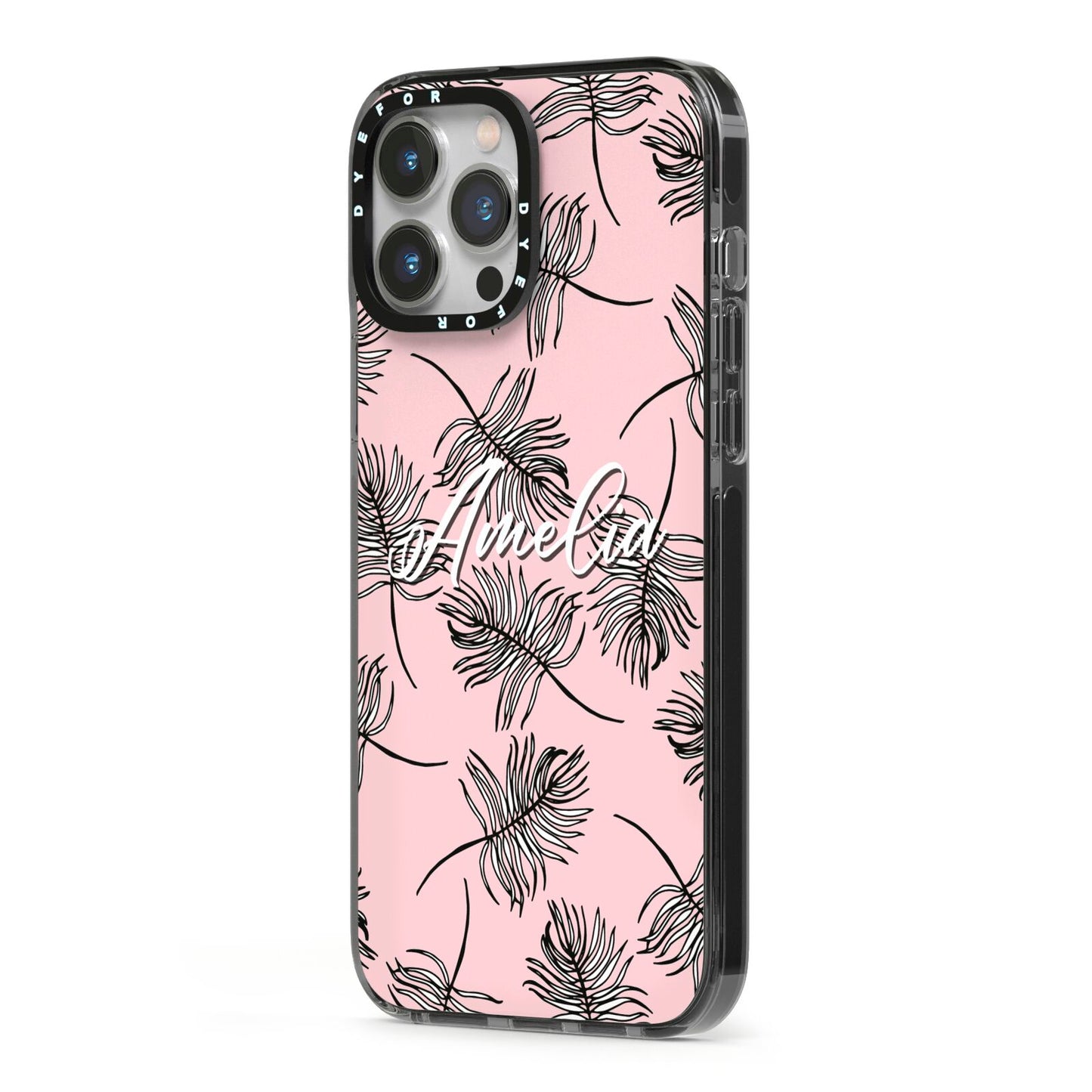 Personalised Pink Monochrome Tropical Leaf iPhone 13 Pro Max Black Impact Case Side Angle on Silver phone