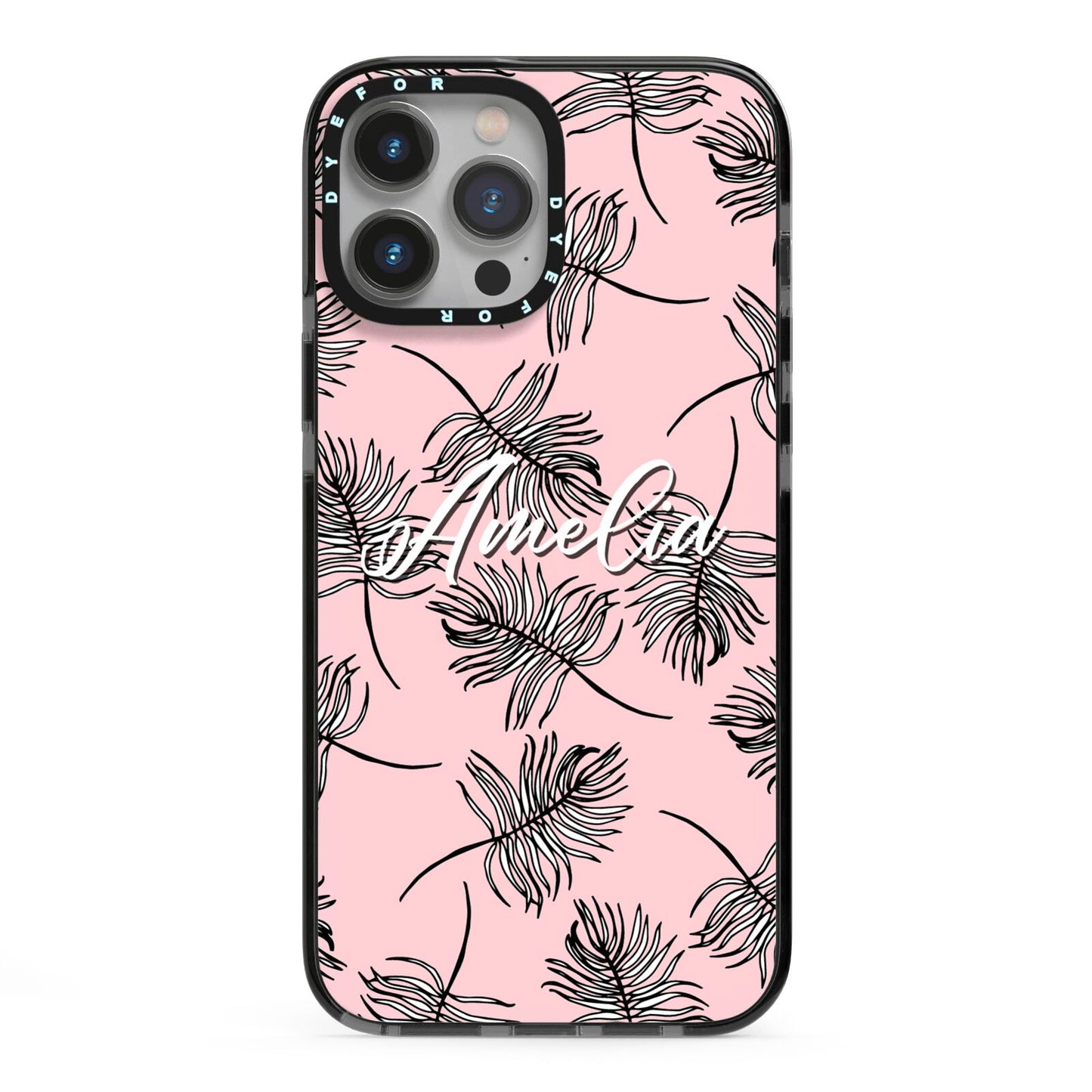 Personalised Pink Monochrome Tropical Leaf iPhone 13 Pro Max Black Impact Case on Silver phone