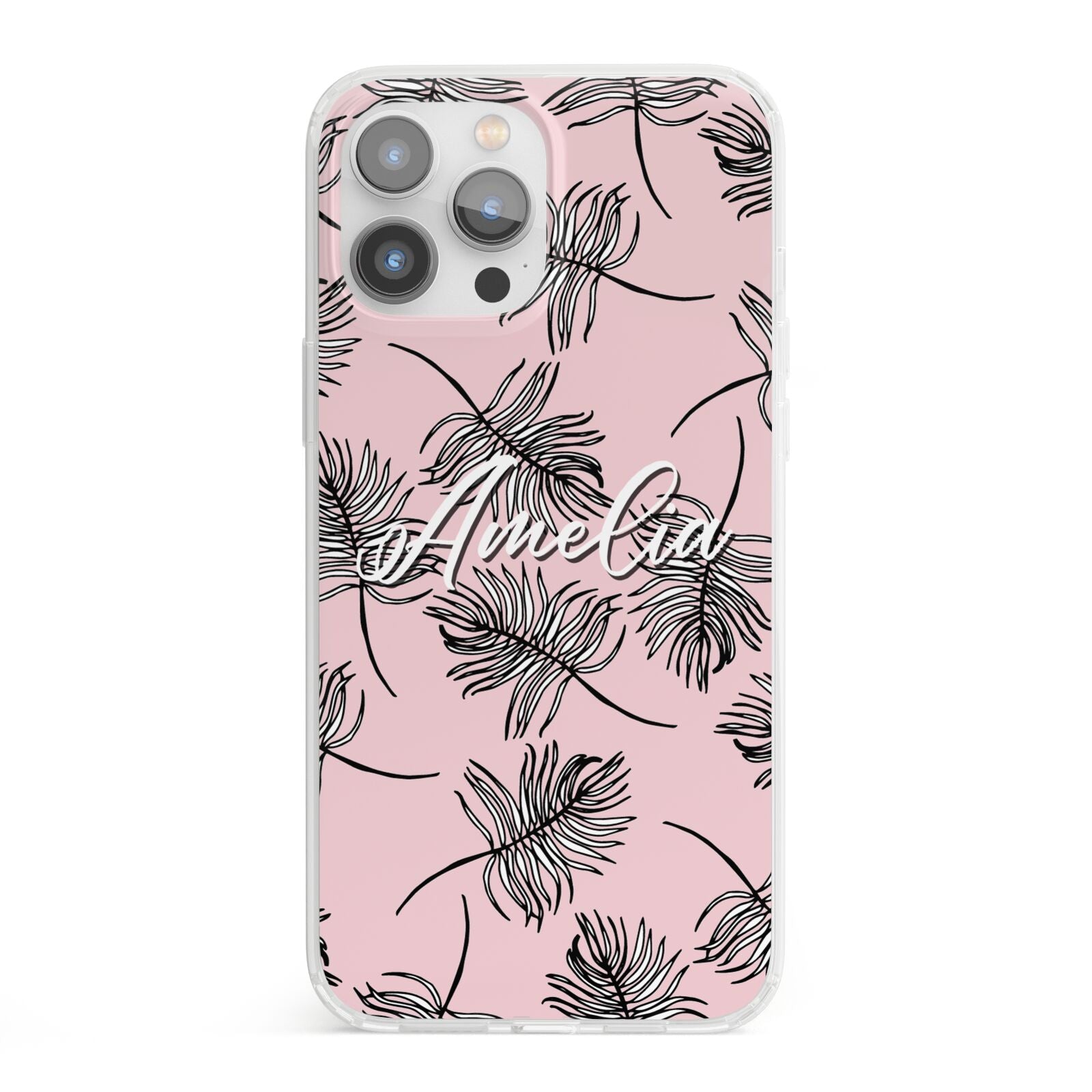 Personalised Pink Monochrome Tropical Leaf iPhone 13 Pro Max Clear Bumper Case