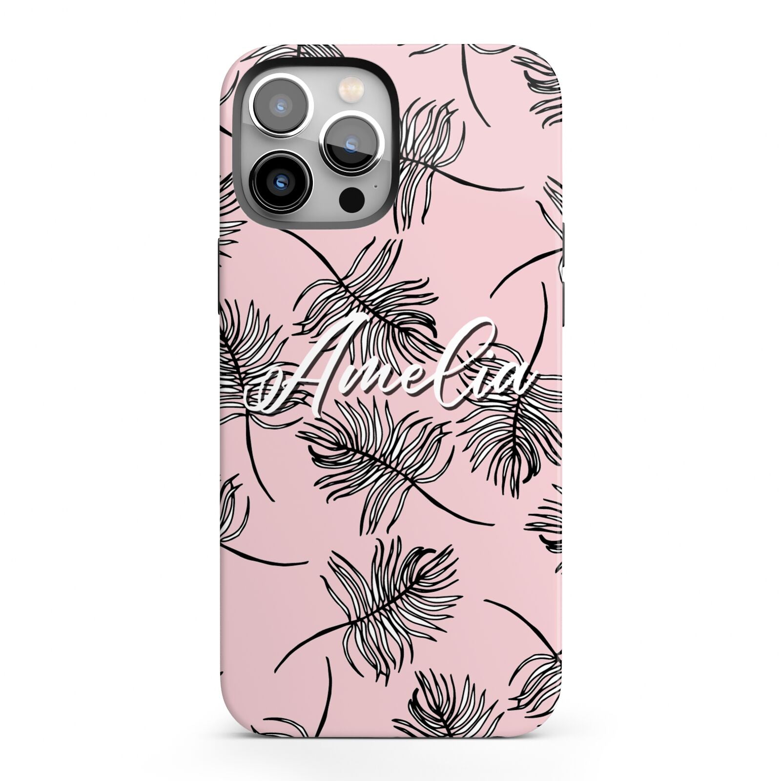 Personalised Pink Monochrome Tropical Leaf iPhone 13 Pro Max Full Wrap 3D Tough Case