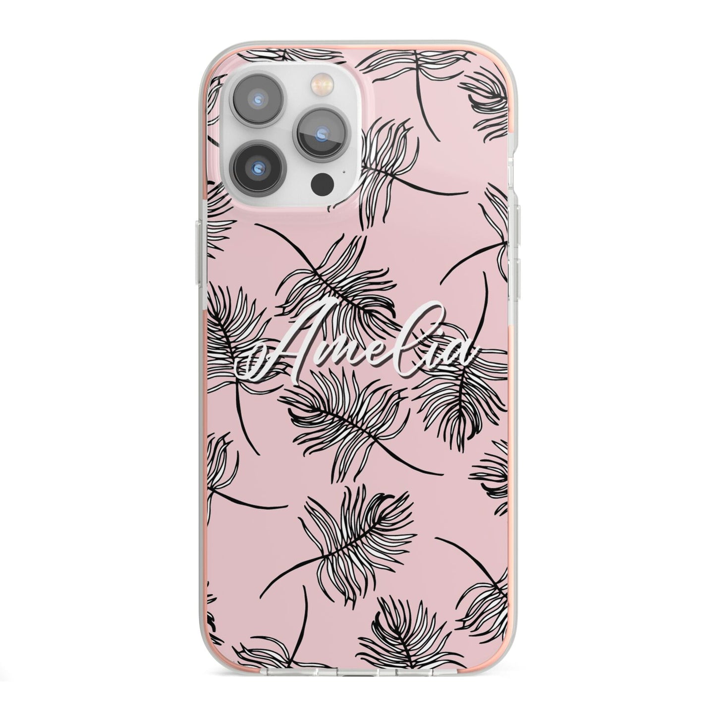 Personalised Pink Monochrome Tropical Leaf iPhone 13 Pro Max TPU Impact Case with Pink Edges