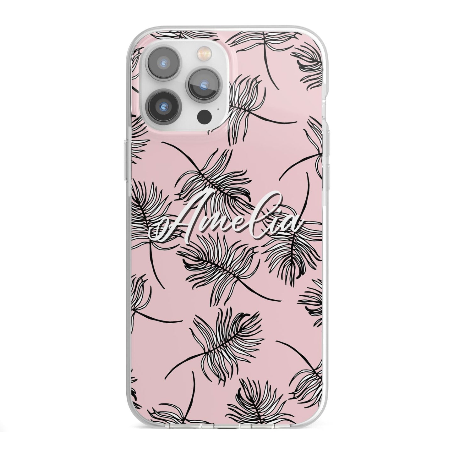 Personalised Pink Monochrome Tropical Leaf iPhone 13 Pro Max TPU Impact Case with White Edges