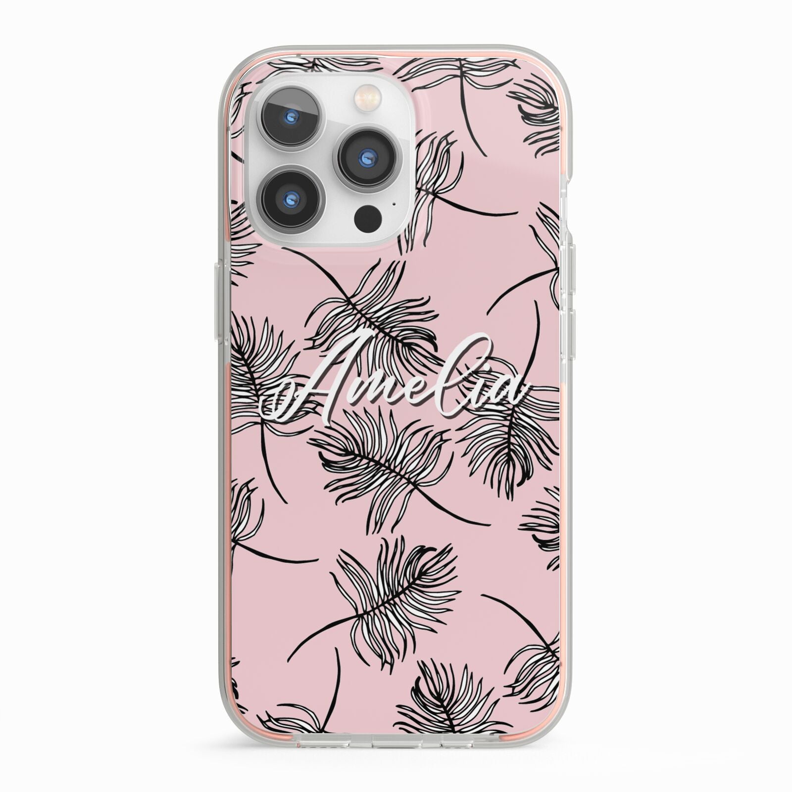 Personalised Pink Monochrome Tropical Leaf iPhone 13 Pro TPU Impact Case with Pink Edges