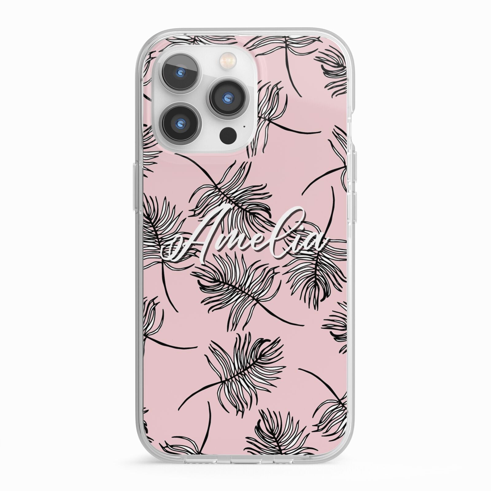 Personalised Pink Monochrome Tropical Leaf iPhone 13 Pro TPU Impact Case with White Edges