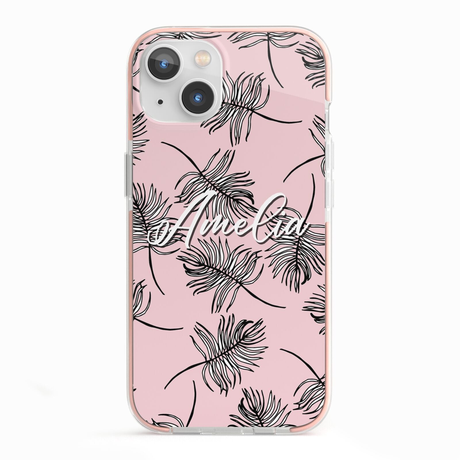 Personalised Pink Monochrome Tropical Leaf iPhone 13 TPU Impact Case with Pink Edges