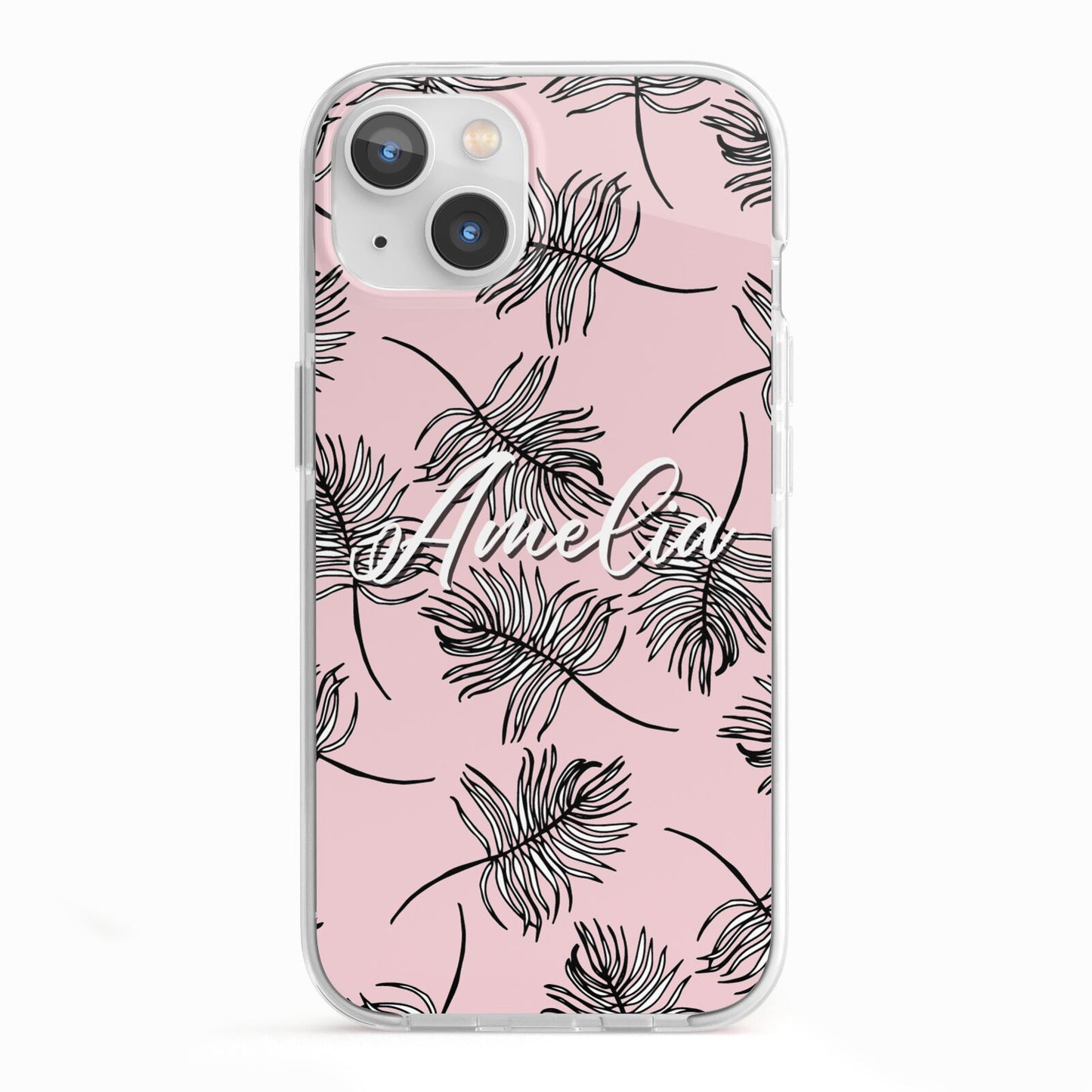 Personalised Pink Monochrome Tropical Leaf iPhone 13 TPU Impact Case with White Edges