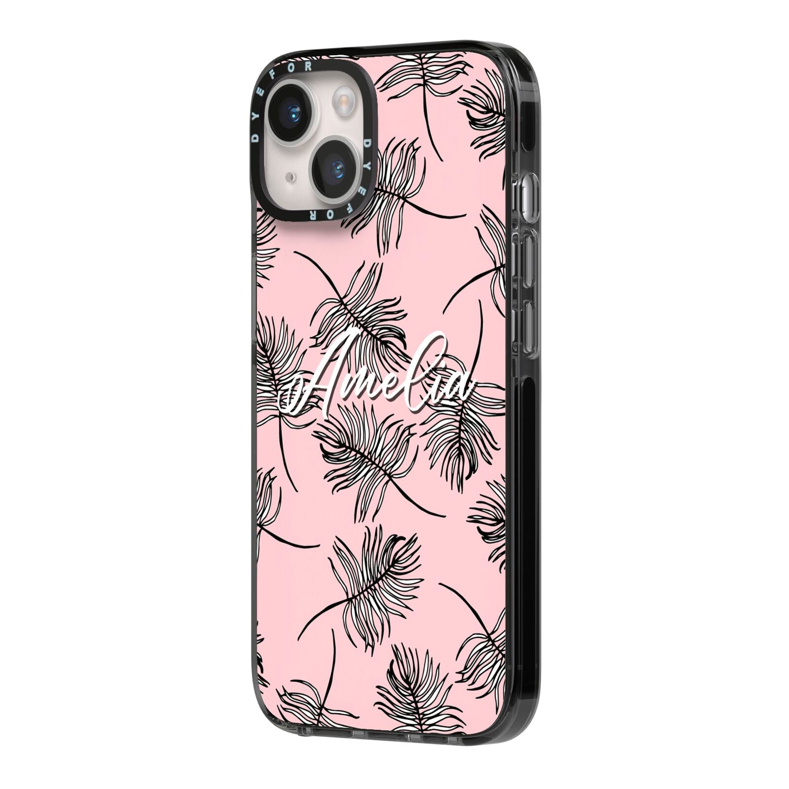 Personalised Pink Monochrome Tropical Leaf iPhone 14 Black Impact Case Side Angle on Silver phone