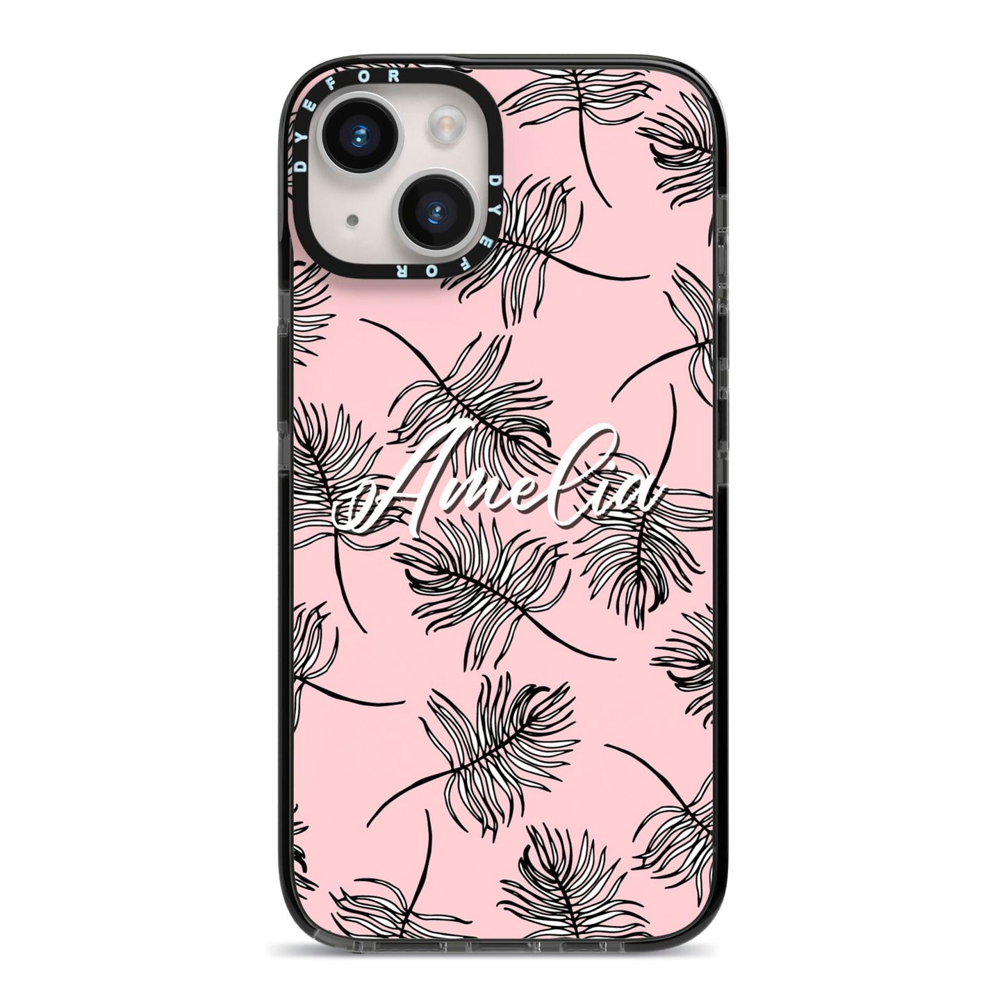 Personalised Pink Monochrome Tropical Leaf iPhone 14 Black Impact Case on Silver phone