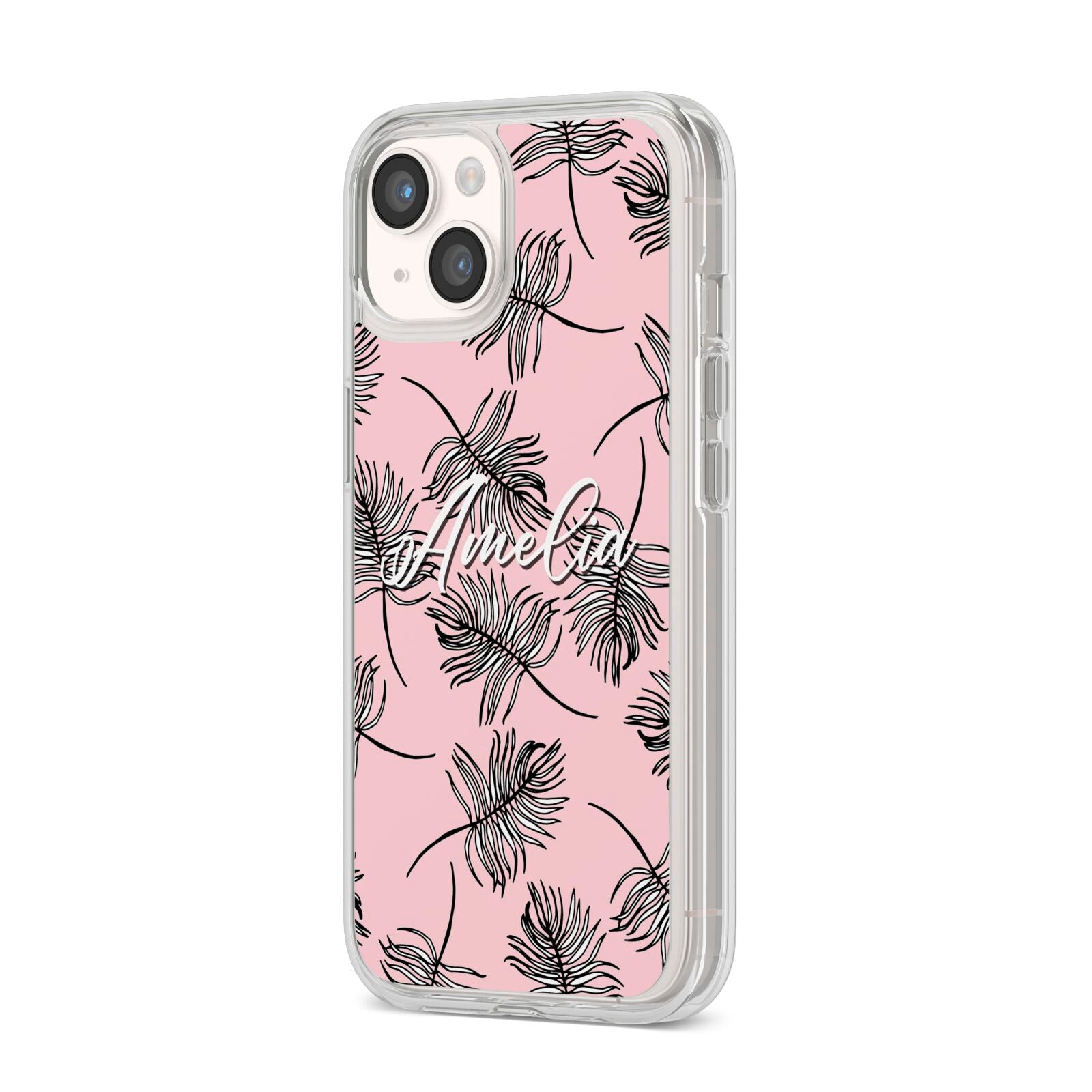 Personalised Pink Monochrome Tropical Leaf iPhone 14 Clear Tough Case Starlight Angled Image