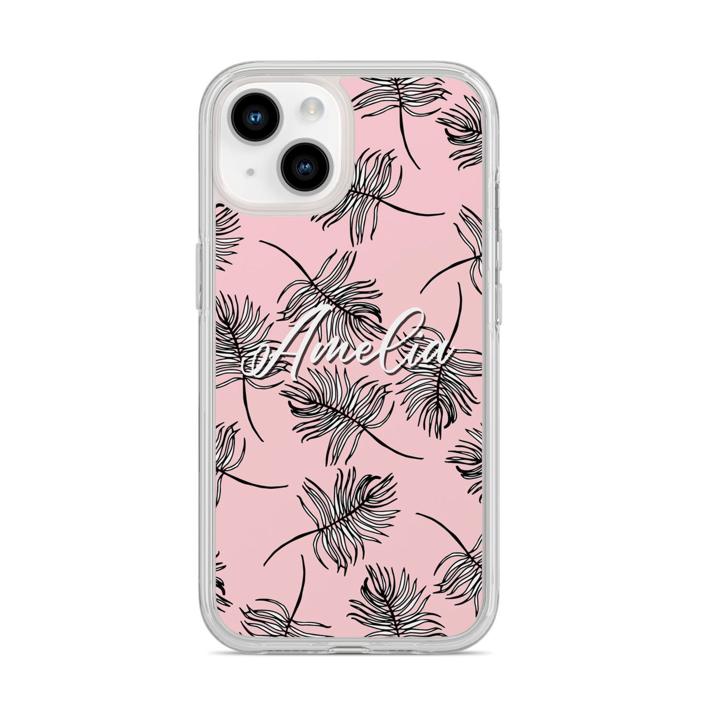 Personalised Pink Monochrome Tropical Leaf iPhone 14 Clear Tough Case Starlight