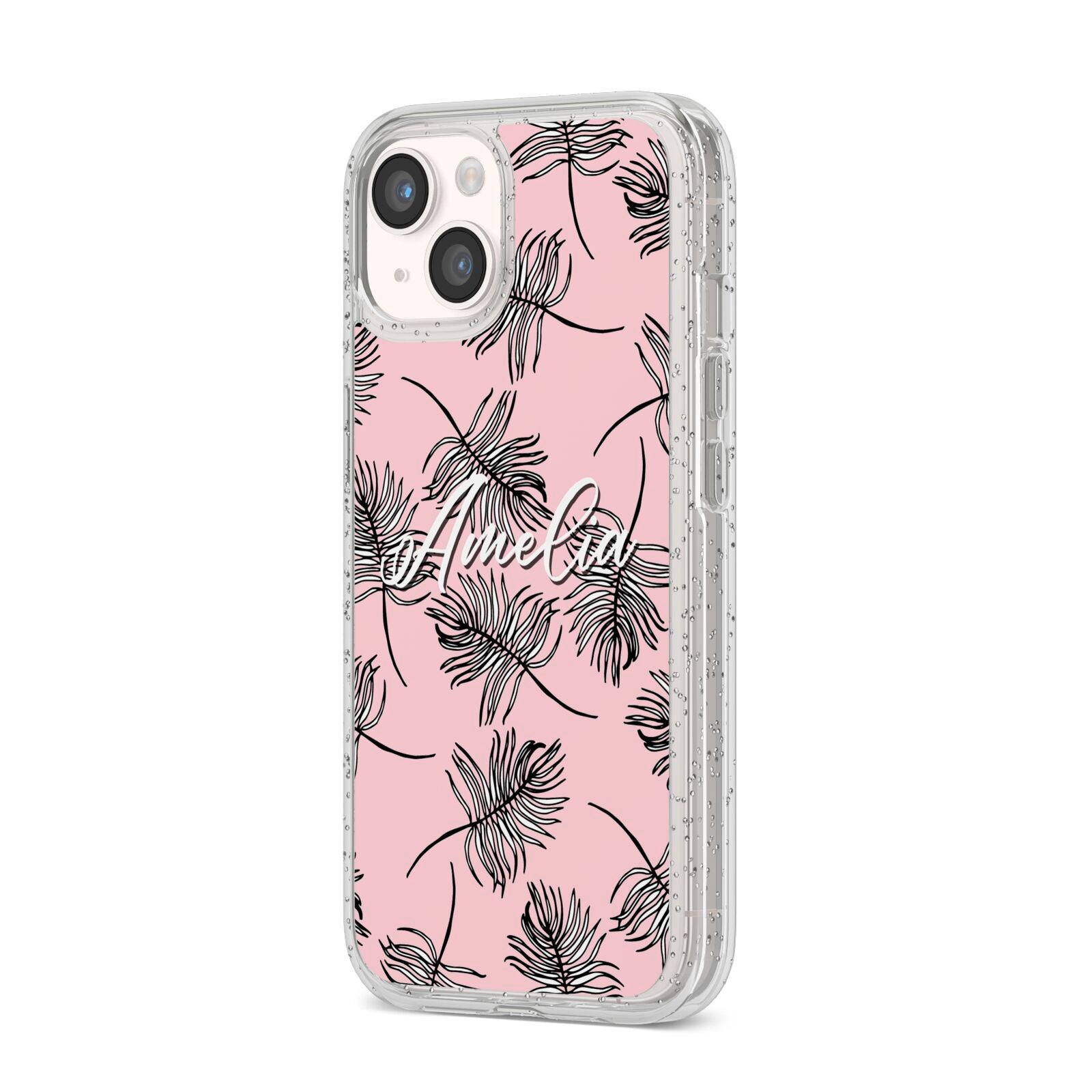 Personalised Pink Monochrome Tropical Leaf iPhone 14 Glitter Tough Case Starlight Angled Image