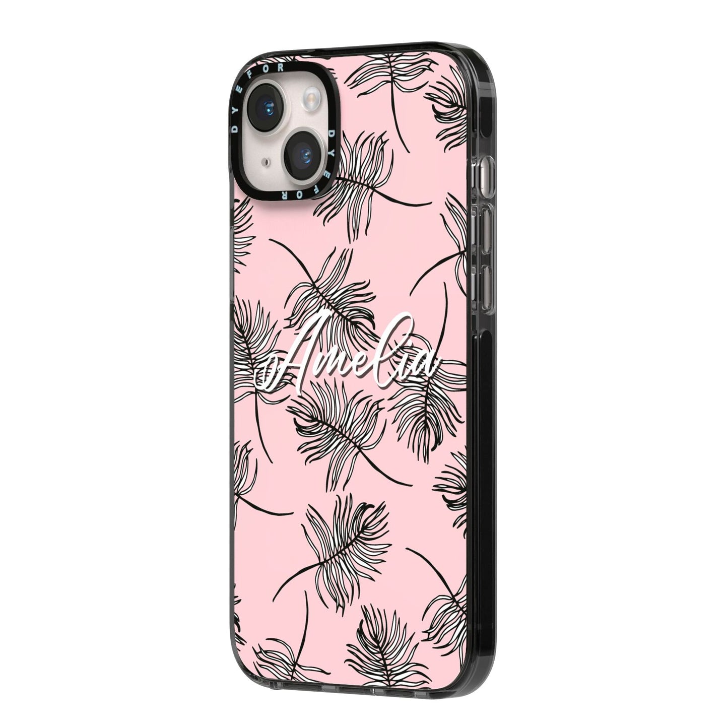 Personalised Pink Monochrome Tropical Leaf iPhone 14 Plus Black Impact Case Side Angle on Silver phone