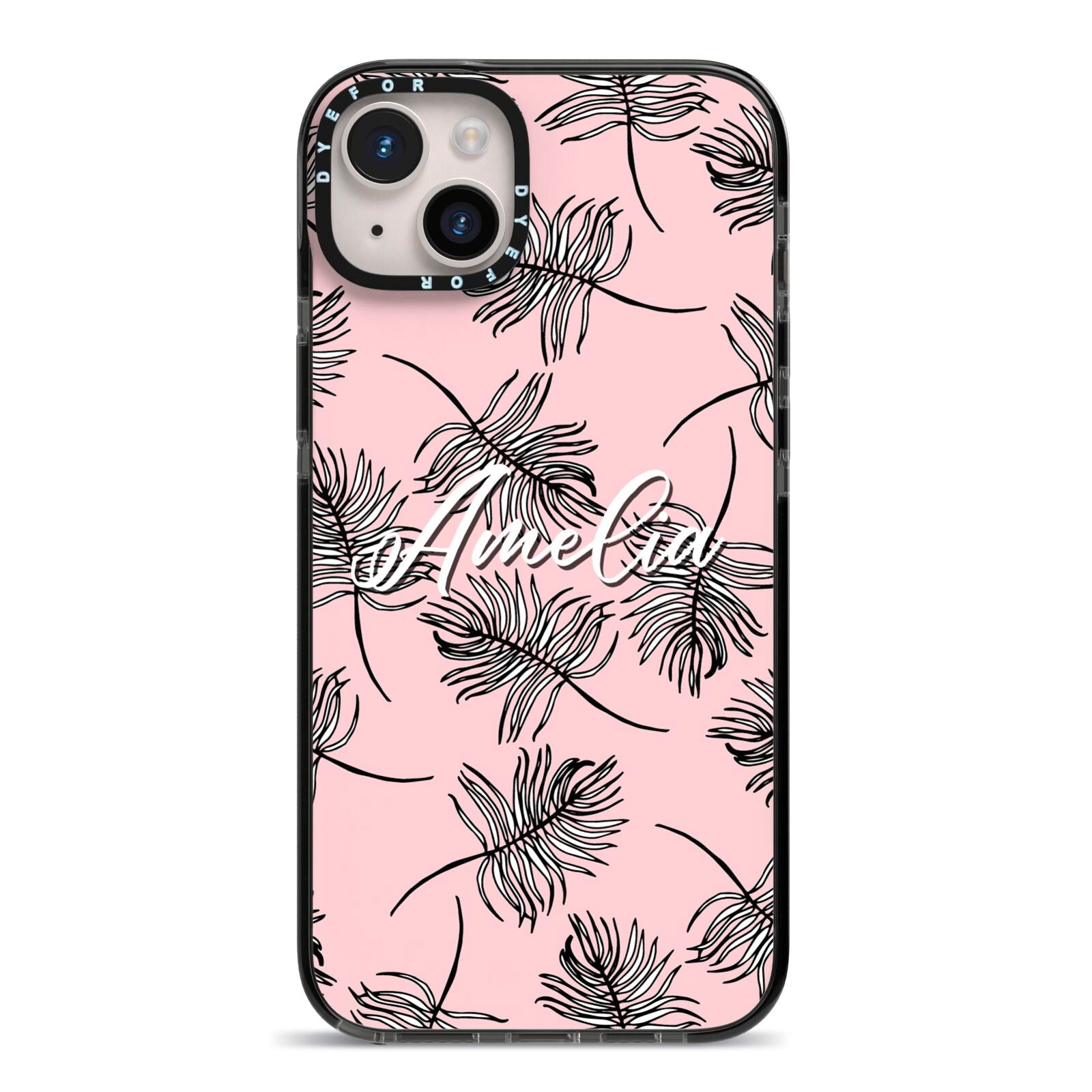 Personalised Pink Monochrome Tropical Leaf iPhone 14 Plus Black Impact Case on Silver phone