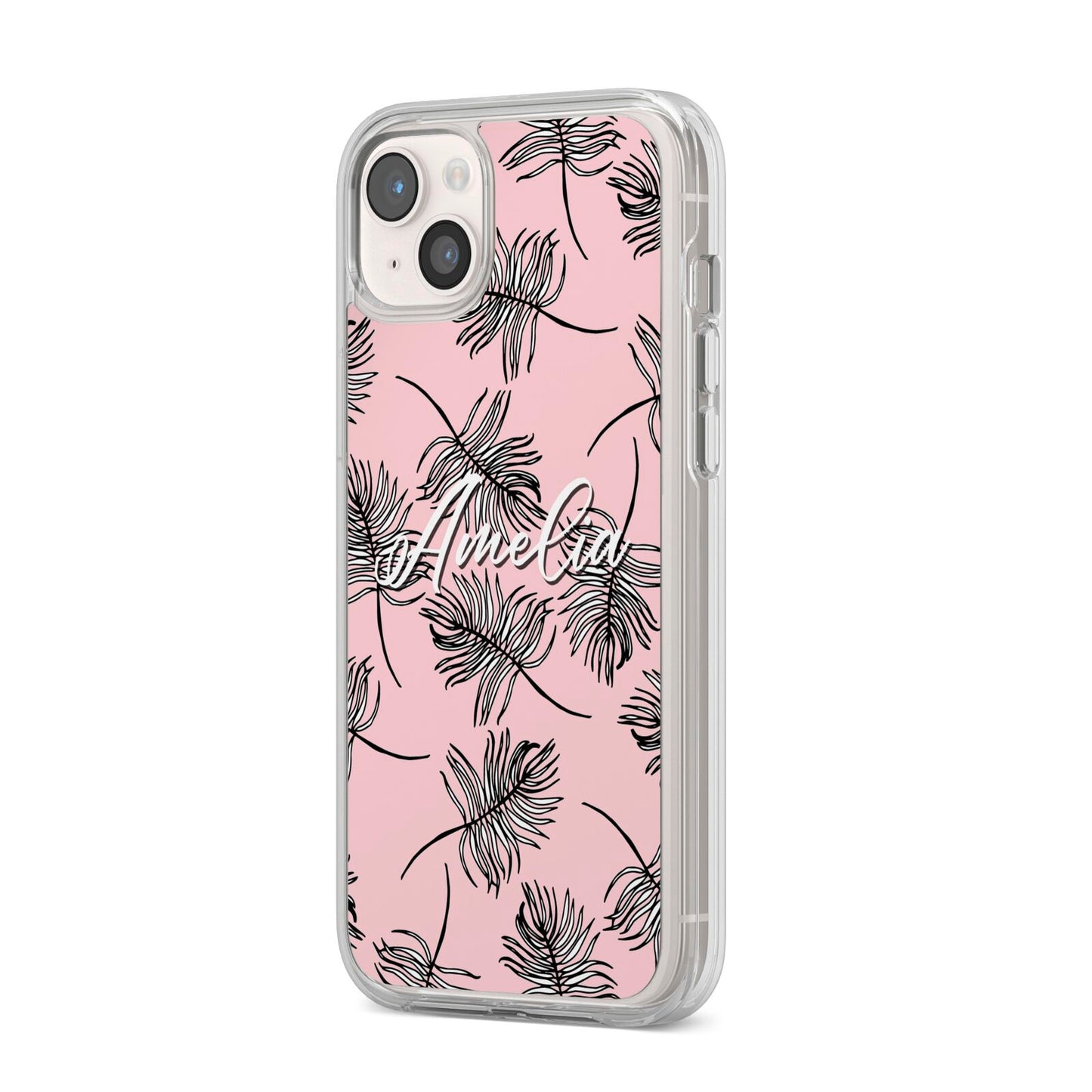 Personalised Pink Monochrome Tropical Leaf iPhone 14 Plus Clear Tough Case Starlight Angled Image