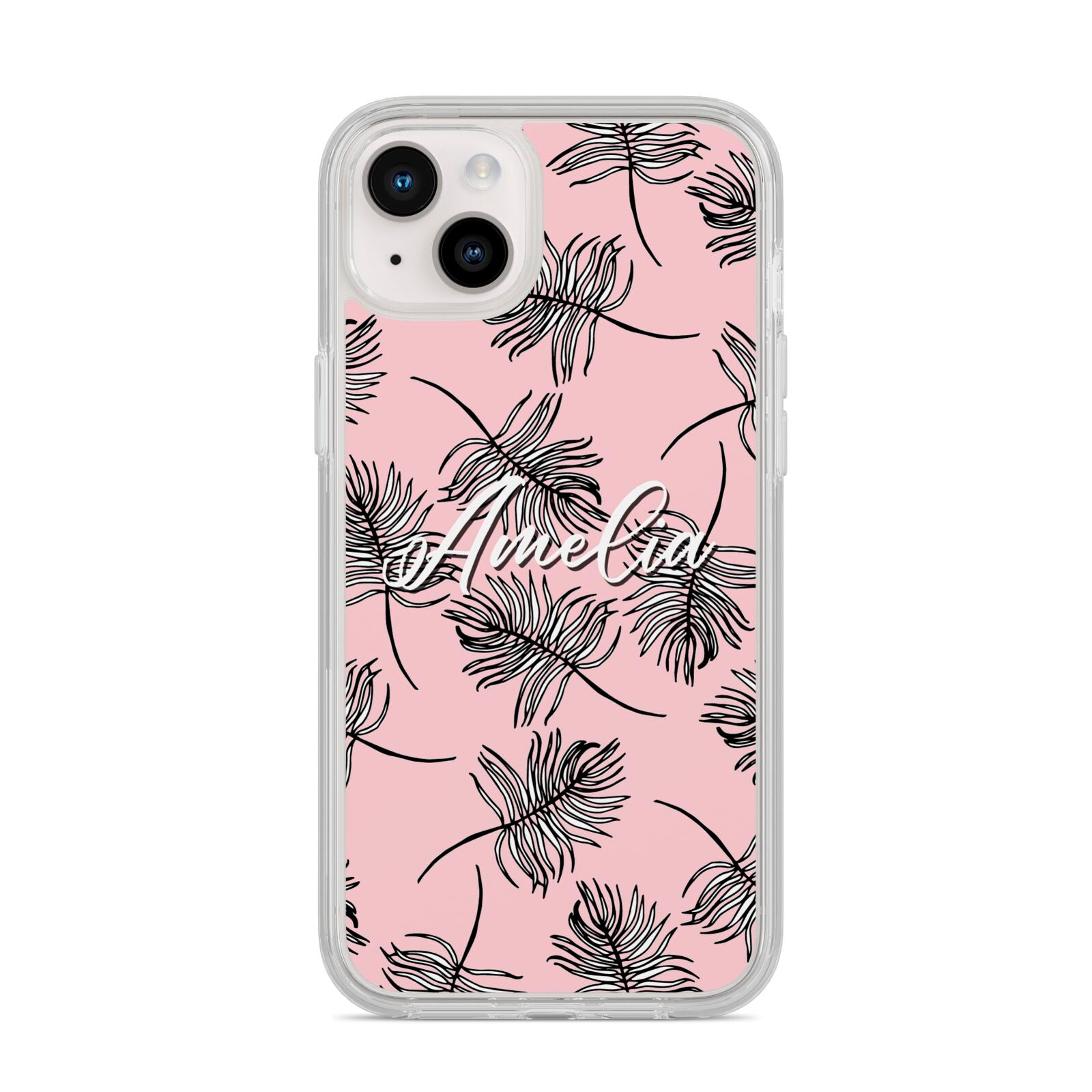 Personalised Pink Monochrome Tropical Leaf iPhone 14 Plus Clear Tough Case Starlight