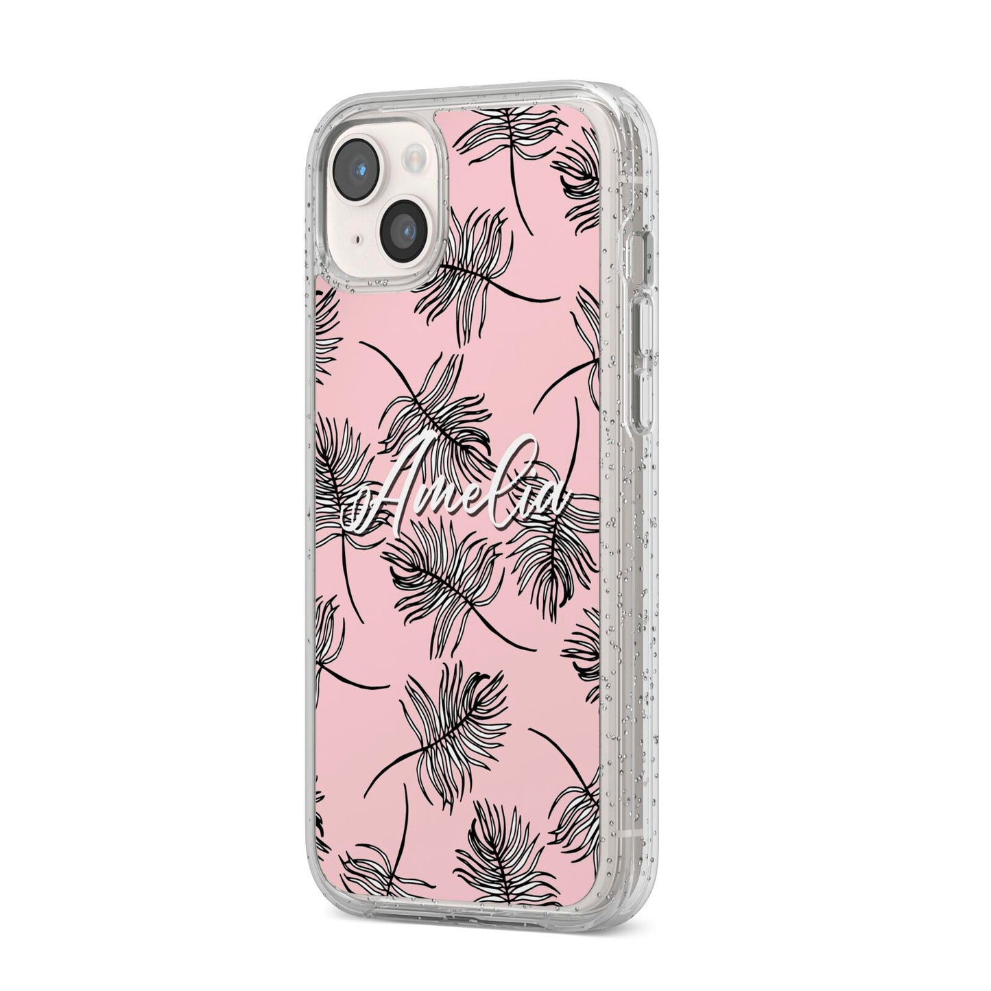 Personalised Pink Monochrome Tropical Leaf iPhone 14 Plus Glitter Tough Case Starlight Angled Image