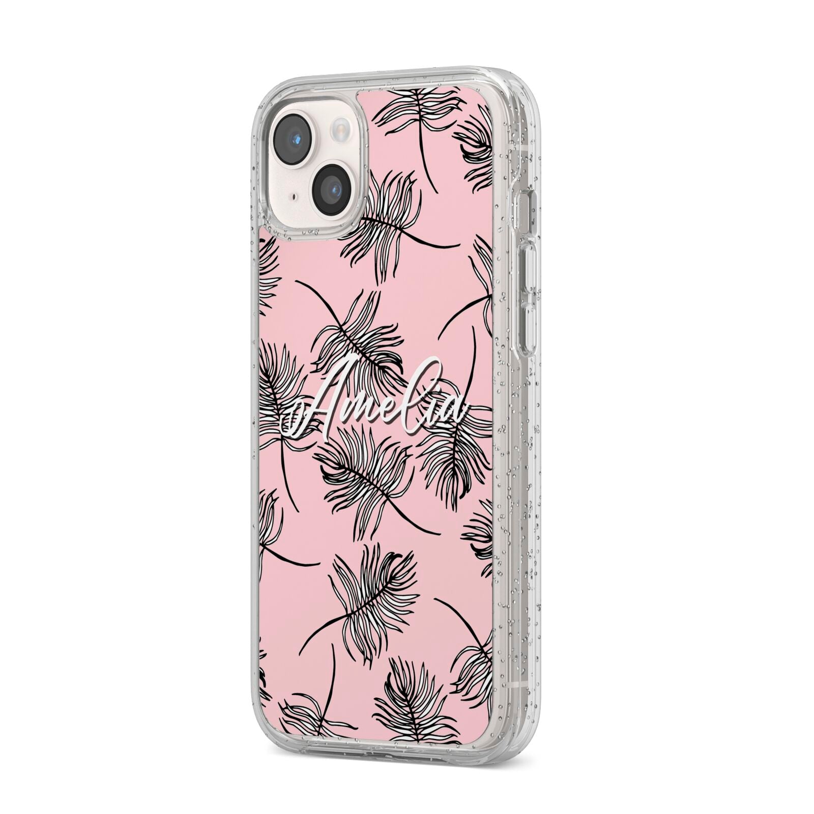 Personalised Pink Monochrome Tropical Leaf iPhone 14 Plus Glitter Tough Case Starlight Angled Image