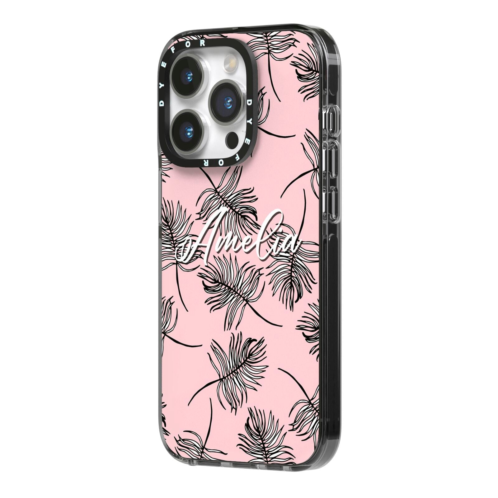 Personalised Pink Monochrome Tropical Leaf iPhone 14 Pro Black Impact Case Side Angle on Silver phone