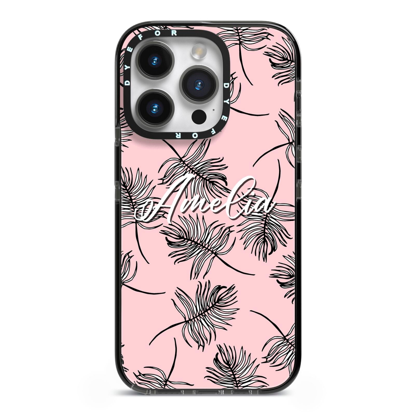 Personalised Pink Monochrome Tropical Leaf iPhone 14 Pro Black Impact Case on Silver phone