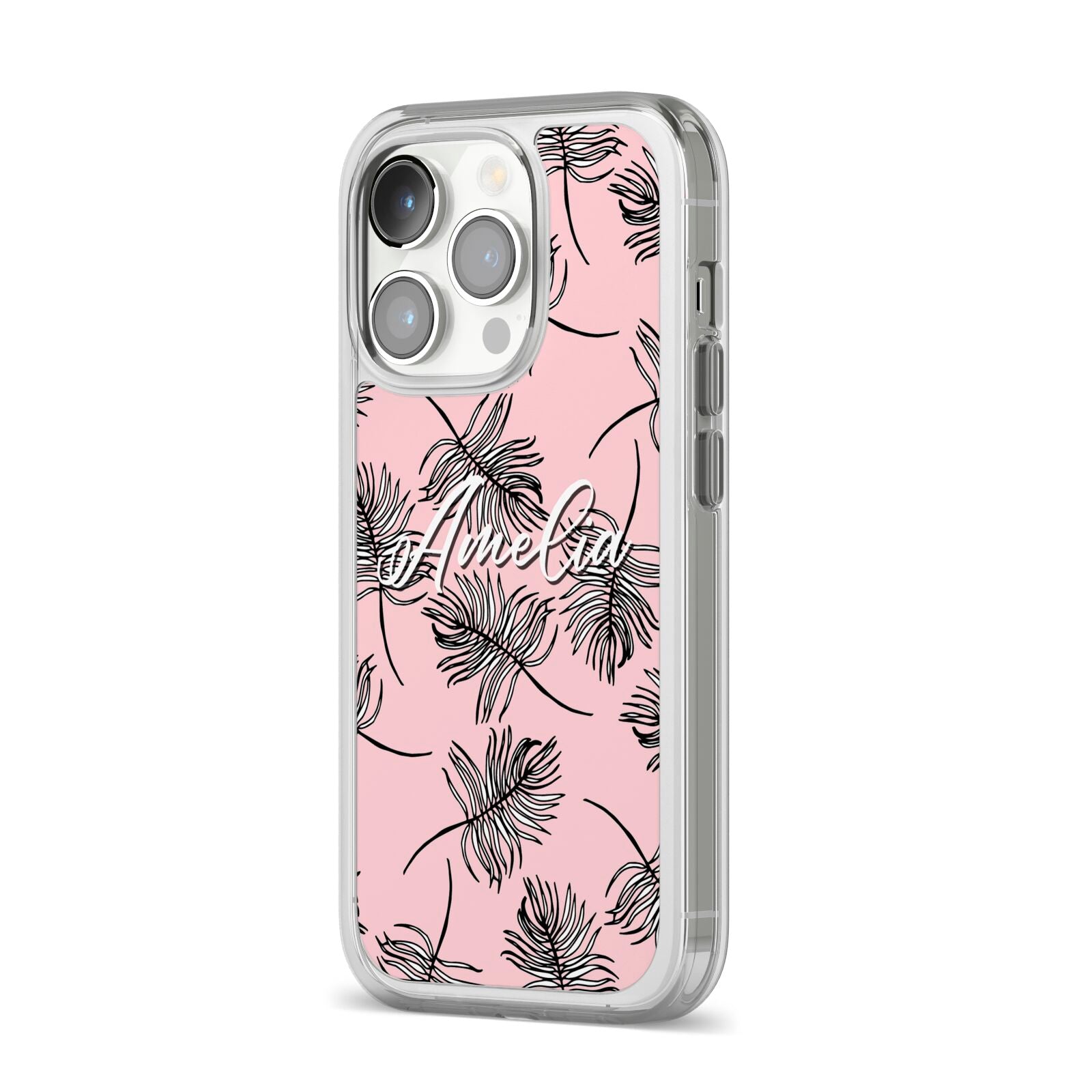 Personalised Pink Monochrome Tropical Leaf iPhone 14 Pro Clear Tough Case Silver Angled Image