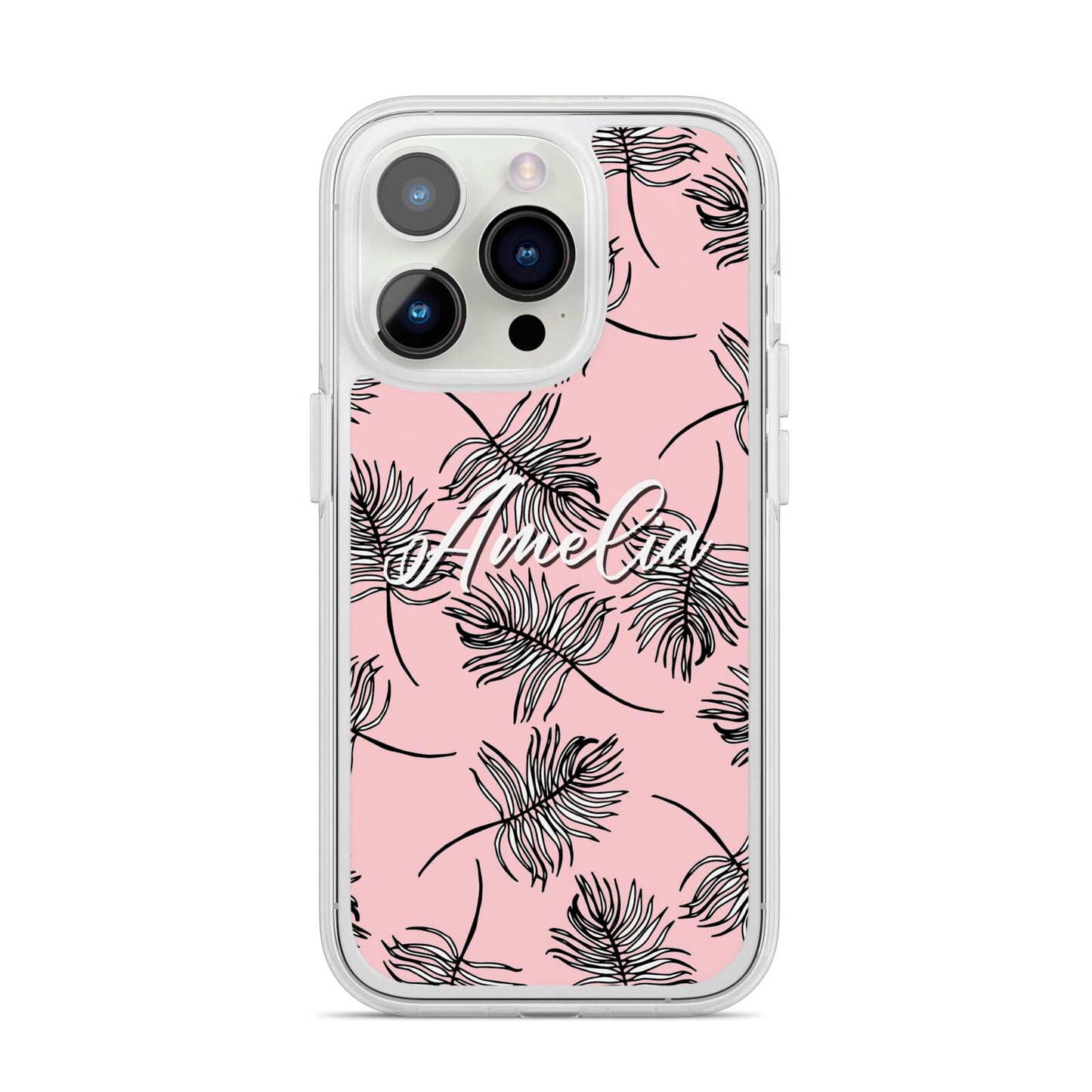 Personalised Pink Monochrome Tropical Leaf iPhone 14 Pro Clear Tough Case Silver