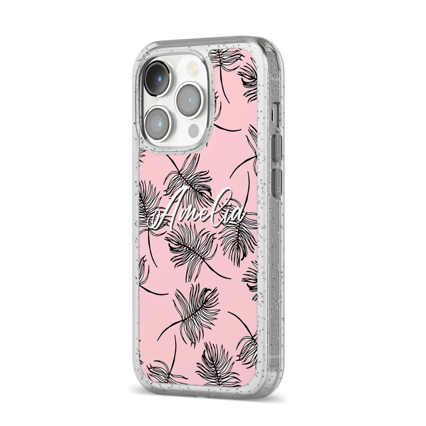 Personalised Pink Monochrome Tropical Leaf iPhone 14 Pro Glitter Tough Case Silver Angled Image