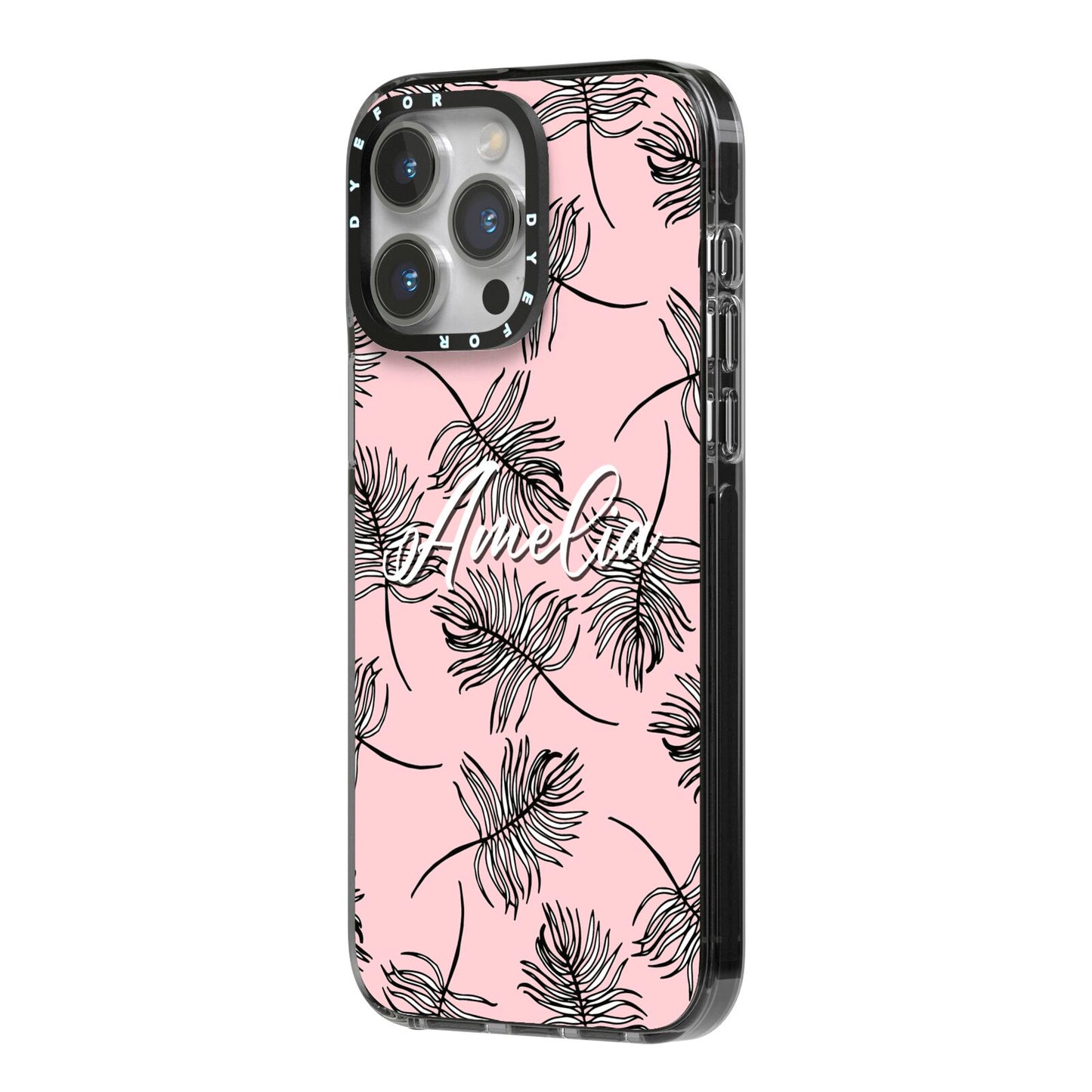 Personalised Pink Monochrome Tropical Leaf iPhone 14 Pro Max Black Impact Case Side Angle on Silver phone