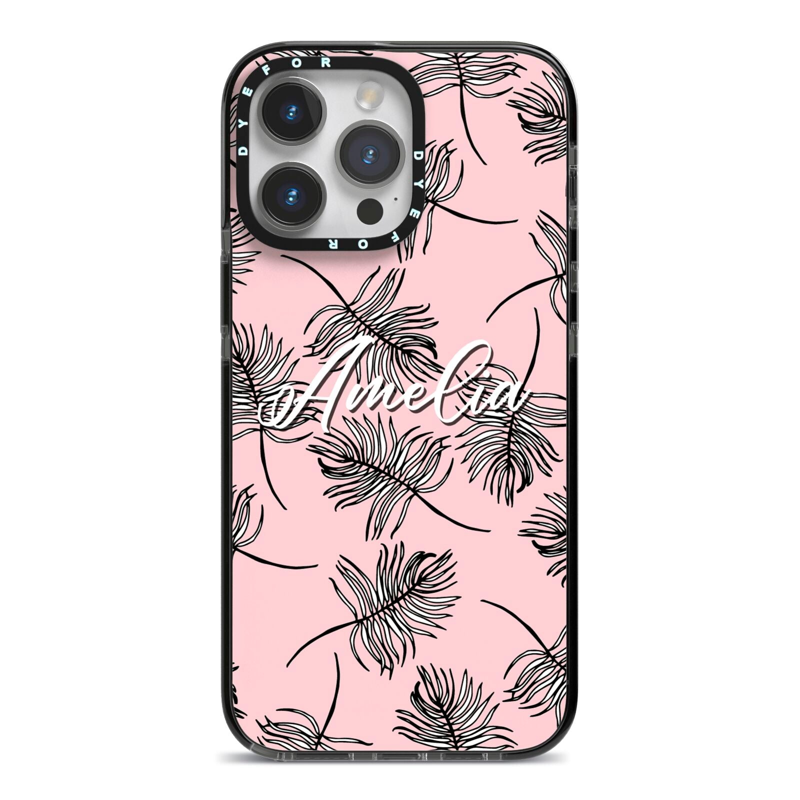 Personalised Pink Monochrome Tropical Leaf iPhone 14 Pro Max Black Impact Case on Silver phone