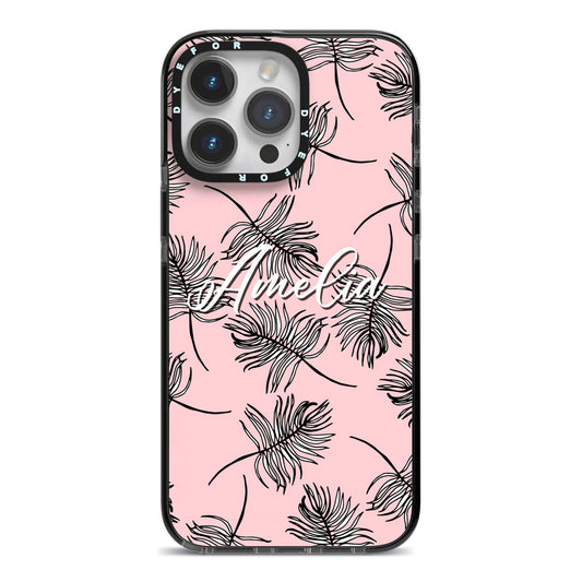 Personalised Pink Monochrome Tropical Leaf iPhone 14 Pro Max Black Impact Case on Silver phone