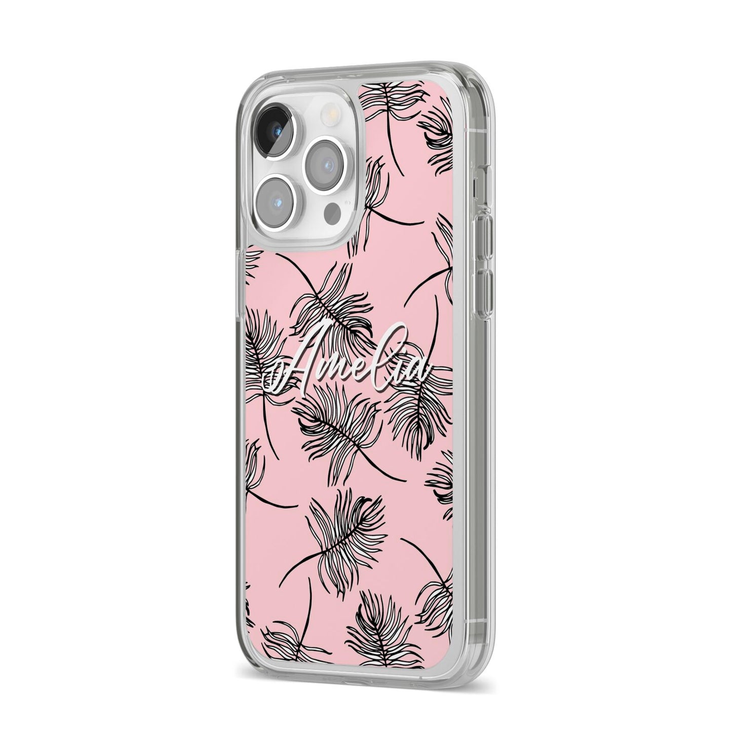 Personalised Pink Monochrome Tropical Leaf iPhone 14 Pro Max Clear Tough Case Silver Angled Image