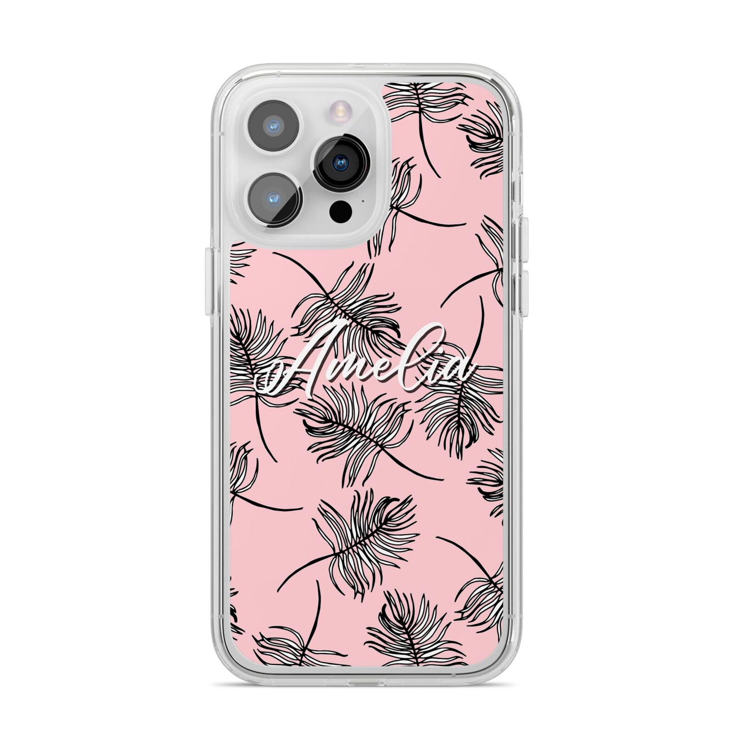 Personalised Pink Monochrome Tropical Leaf iPhone 14 Pro Max Clear Tough Case Silver