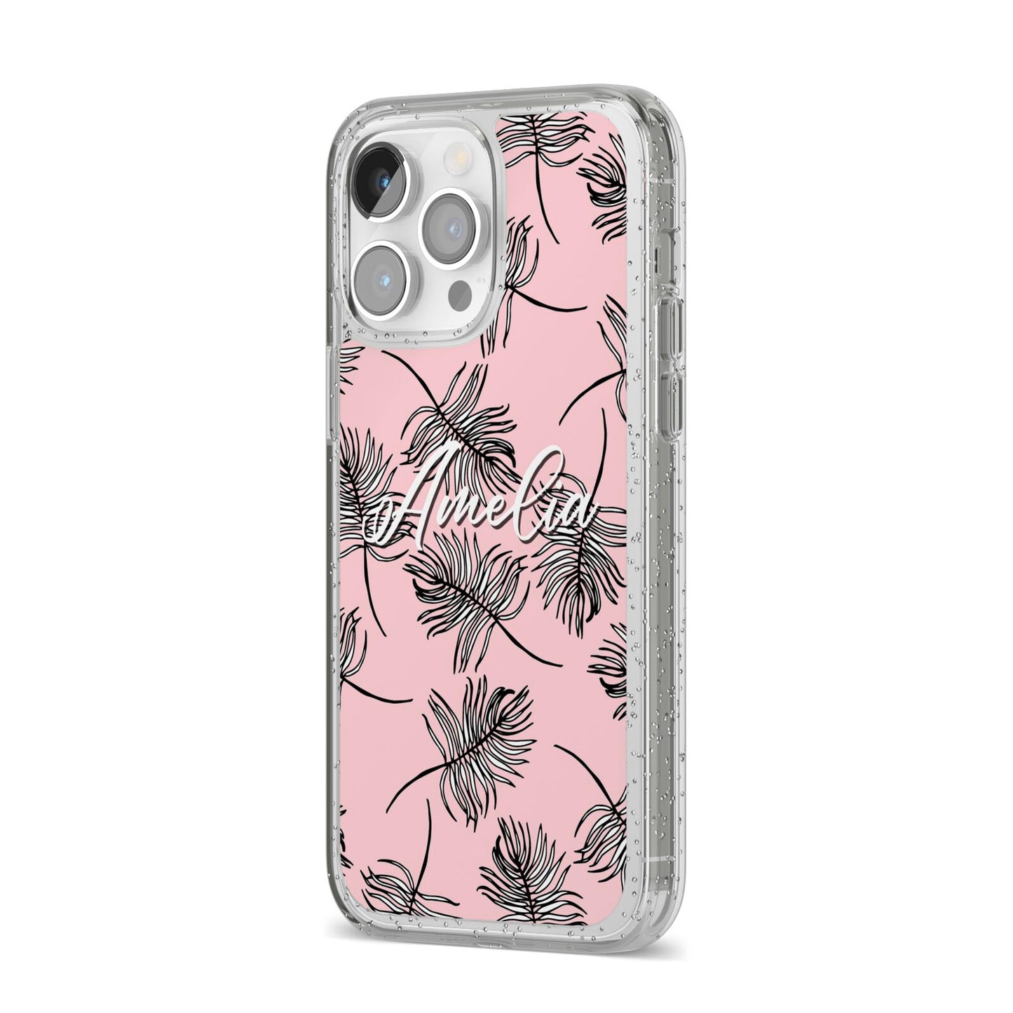 Personalised Pink Monochrome Tropical Leaf iPhone 14 Pro Max Glitter Tough Case Silver Angled Image