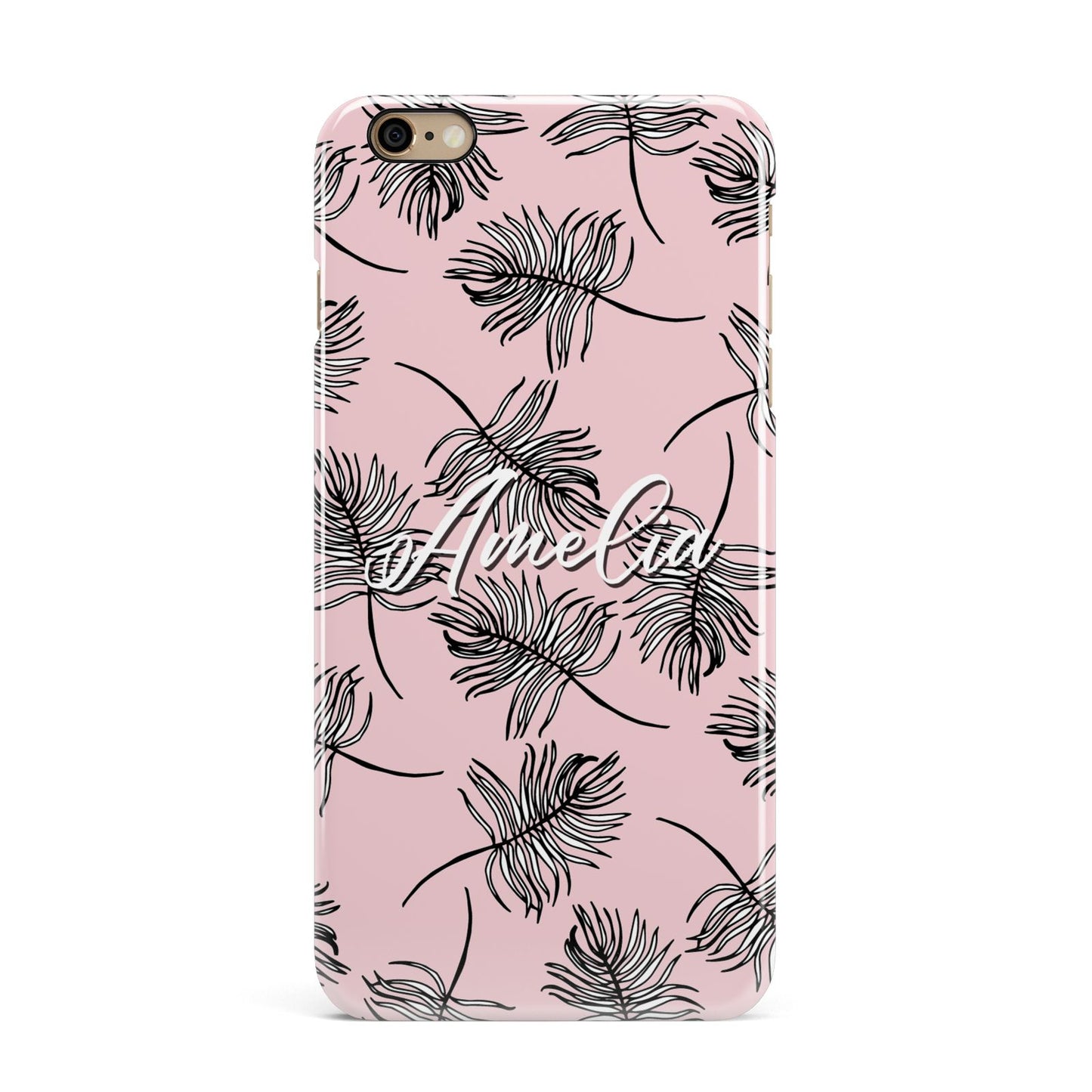 Personalised Pink Monochrome Tropical Leaf iPhone 6 Plus 3D Snap Case on Gold Phone