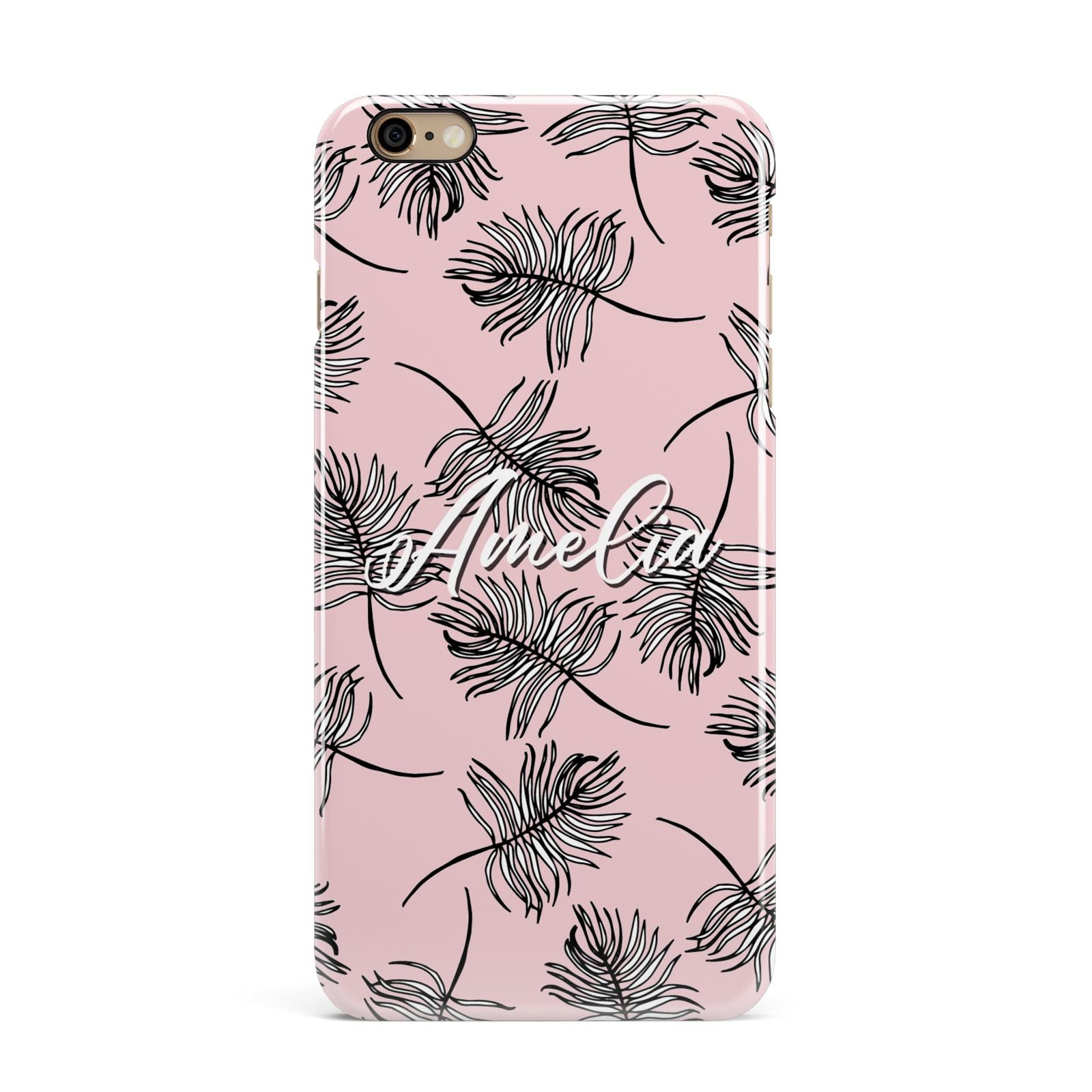 Personalised Pink Monochrome Tropical Leaf iPhone 6 Plus 3D Snap Case on Gold Phone