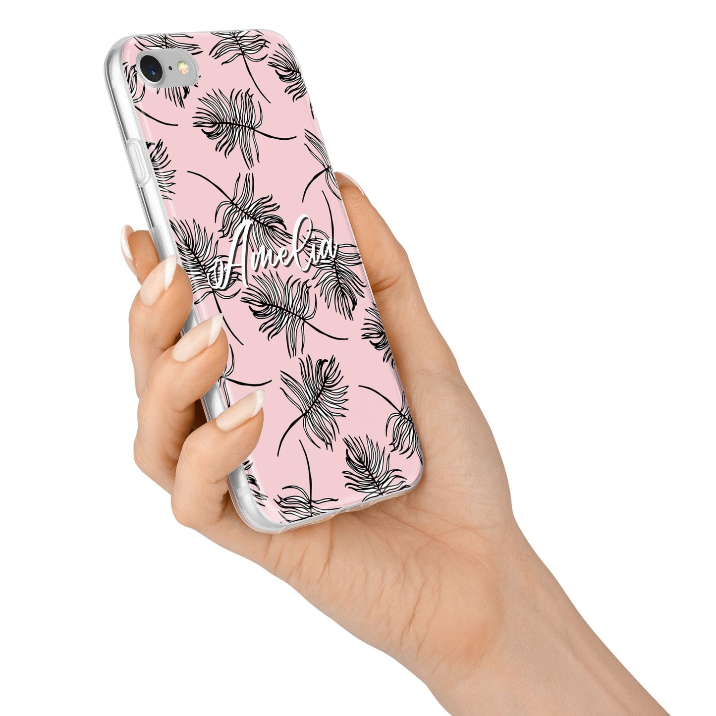 Personalised Pink Monochrome Tropical Leaf iPhone 7 Bumper Case on Silver iPhone Alternative Image